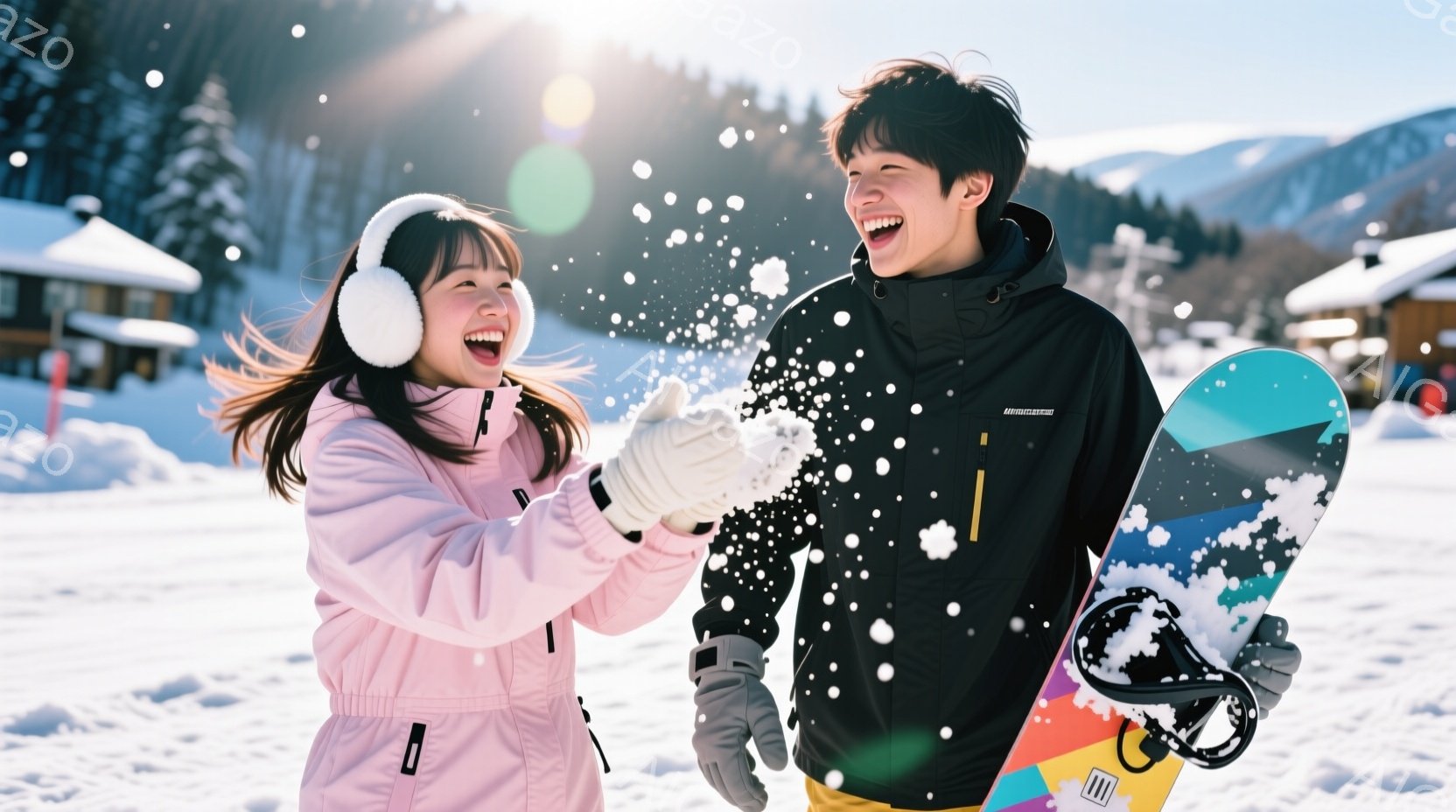 雪景色の中で、若い男女が楽しそうに笑っています。女性はピンク色のウィンタージャケットとヘッドホン、男性は黒色のジャケットと黄色いズボンを着用しており、男性はスノーボードを持っています。背景には雪に覆わ - AI生成フリー素材