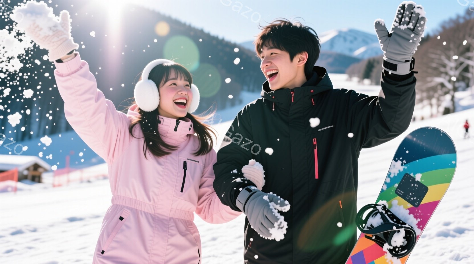 スノーボードを楽しむ若い男女が写っています。女性はピンクのスキーウェアに白いイヤーマフをつけており、笑顔で片手を上げています。男性は黒のスキーウェアにグローブをはめ、スノーボードを足元に置きながら、女 - AI生成フリー素材