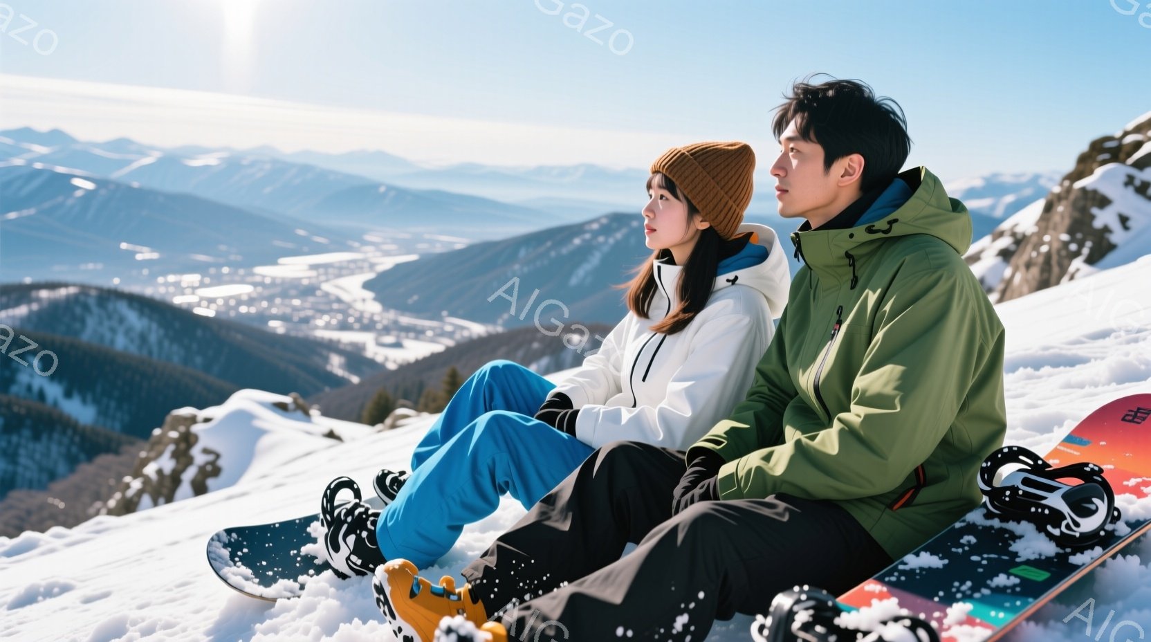 雪山で、若い男女が並んで座っています。女性は青いスノーパンツに白いジャケット、茶色のニット帽を着用し、横を向いて遠くを見つめています。男性は緑色のジャケットを着て、横にスノーボードを置き、同じく遠くを見つめており、背景には雪景色と街並みが広がっています。