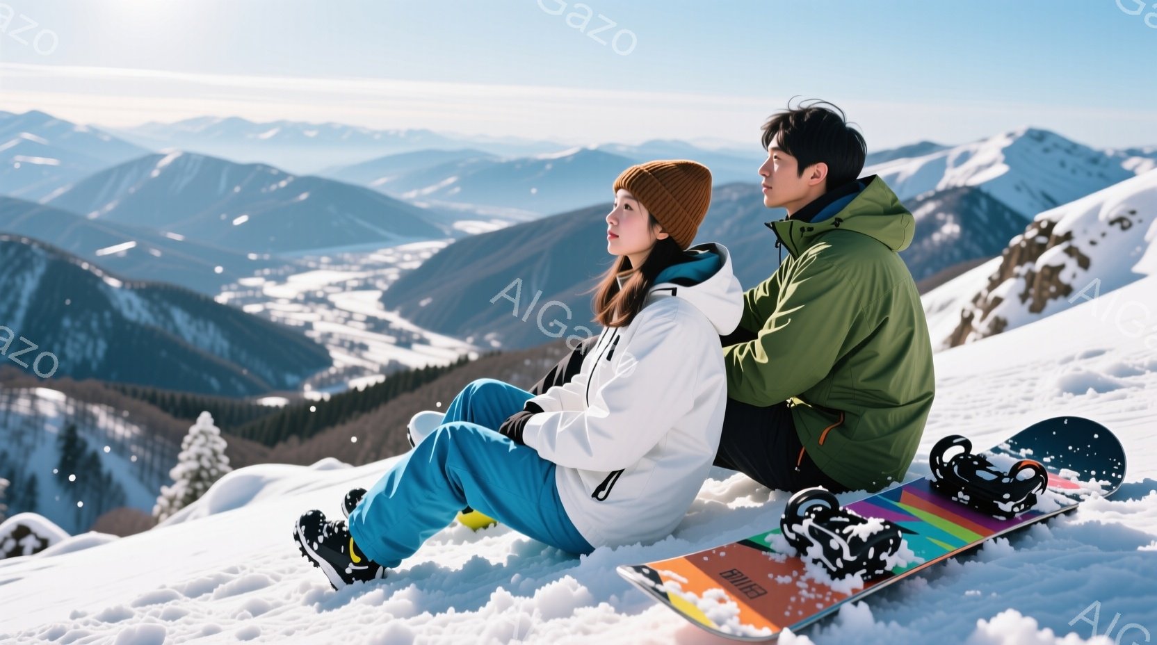 スノーボードの板の上に座る若い女性と男性が写っています。女性は青いスノーボードパンツと白いジャケット、オレンジ色のニット帽を着用し、横を向いて遠くを見つめています。背景には雪をまとった山々が連なり、晴 - AI生成フリー素材
