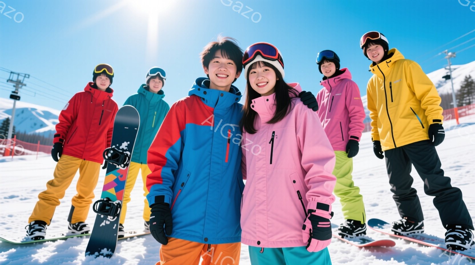 雪山を背景に、カラフルなスキーウェアを着た5人の子供たちが写っています。子供たちは皆、ボードやスキーを装備し、笑顔でカメラに向かってポーズをとっており、楽しそうな雰囲気が伝わってきます。晴天で雪はキラ - AI生成フリー素材