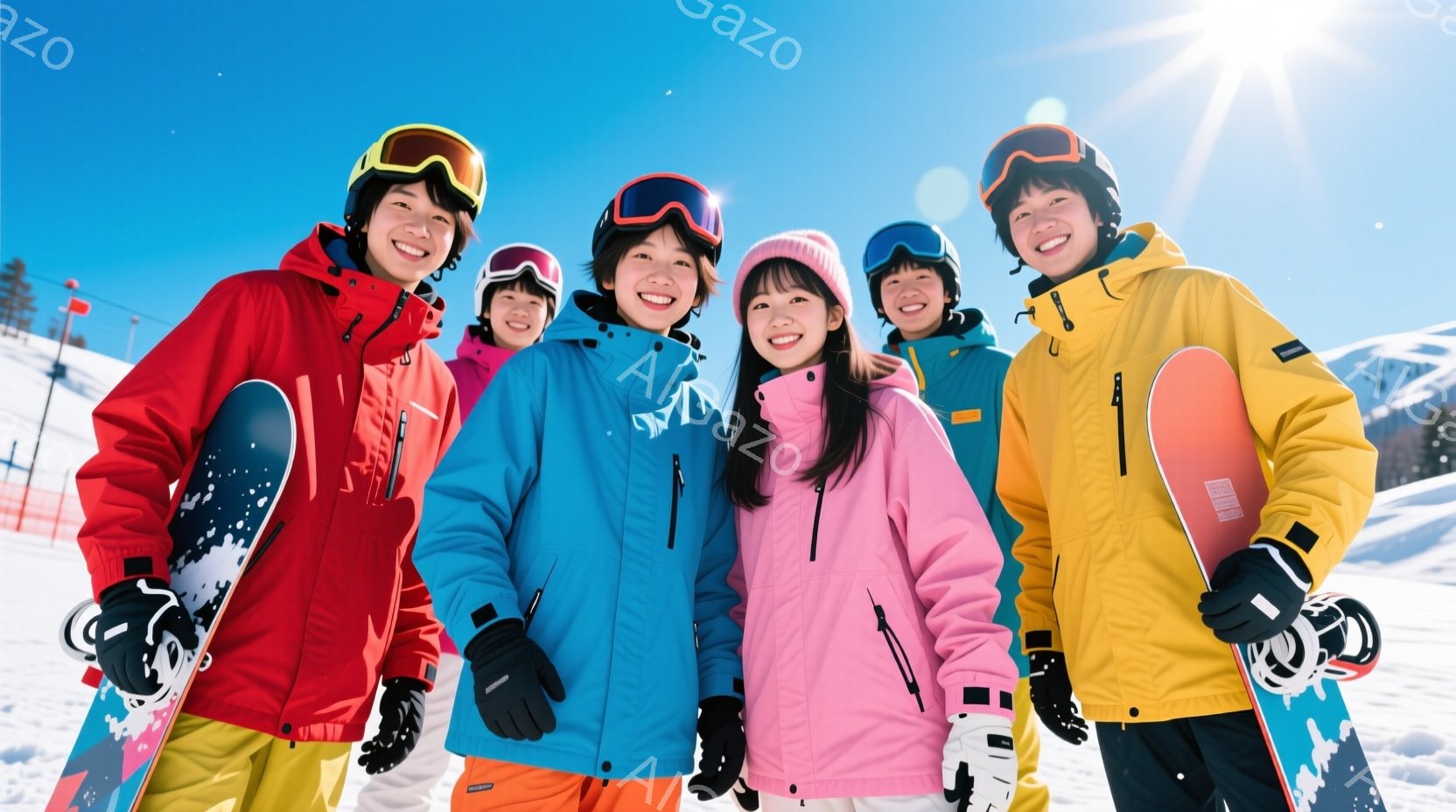 5人の若者が雪山でスノーボードの装備を身につけて笑顔でポーズをとっています。それぞれ鮮やかな色のウィンタージャケット、ゴーグル、帽子を着用し、スノーボードを抱えています。背景には雪景色が広がり、晴天の下でスキー場らしき風景が見え、全体的に明るく楽しい雰囲気が漂っています。