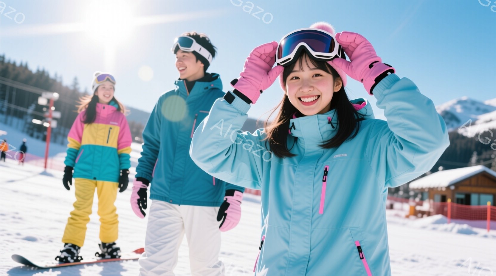 雪景色の中で、若い女性がスキーゴーグルを頭の上に上げて笑顔を見せています。彼女は水色のスキーウェアにピンクの手袋を着用し、黒髪を後ろでまとめています。背景には、スキーリゾートの建物と雪に覆われた山々が広がり、晴天の青空が広がっています。