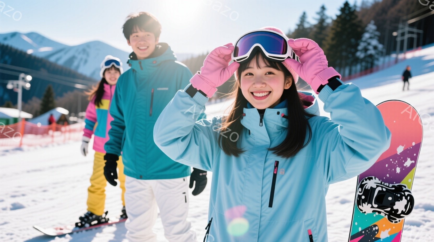 雪山を背景に、スノーボードを楽しむ若い女性と男性が写っています。女性は水色のスキーウェアにピンクのグローブを着用し、ゴーグルを頭上に上げて笑顔を見せています。背景には雪景色とスキー場施設が見え、晴天の - AI生成フリー素材