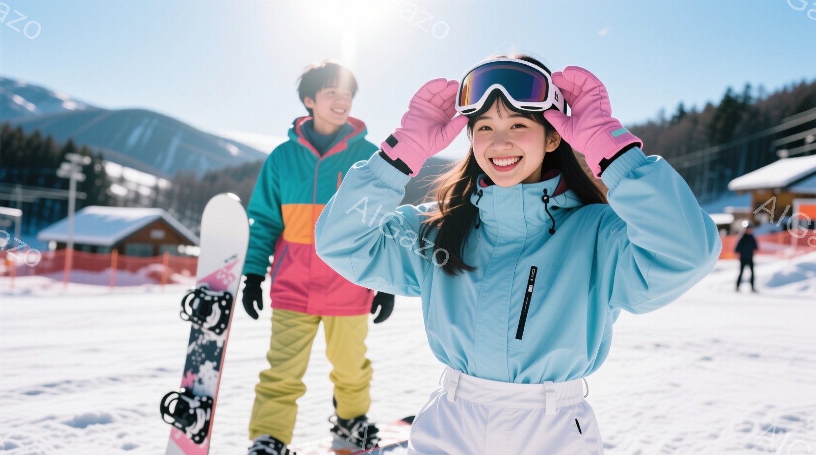 雪景色の中で、若い男女がスキーを楽しんでいる様子が写っている。女性は水色のスキーウェアに白のズボン、ピンクのグローブとゴーグルを着用し、笑顔でゴーグルを頭上に上げている。背景には雪に覆われた山々と、可 - AI生成フリー素材