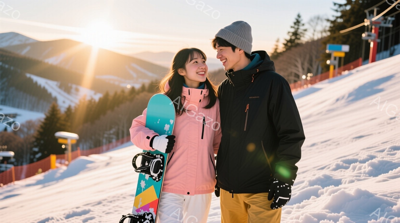 スノーボードを持った若い男女が雪山で微笑んでいます。女性はピンクのジャケットと白いズボンを着用し、長い髪をなびかせています。男性は黒いジャケットとベージュ色のズボンを着用し、ニット帽をかぶっています。 - AI生成フリー素材