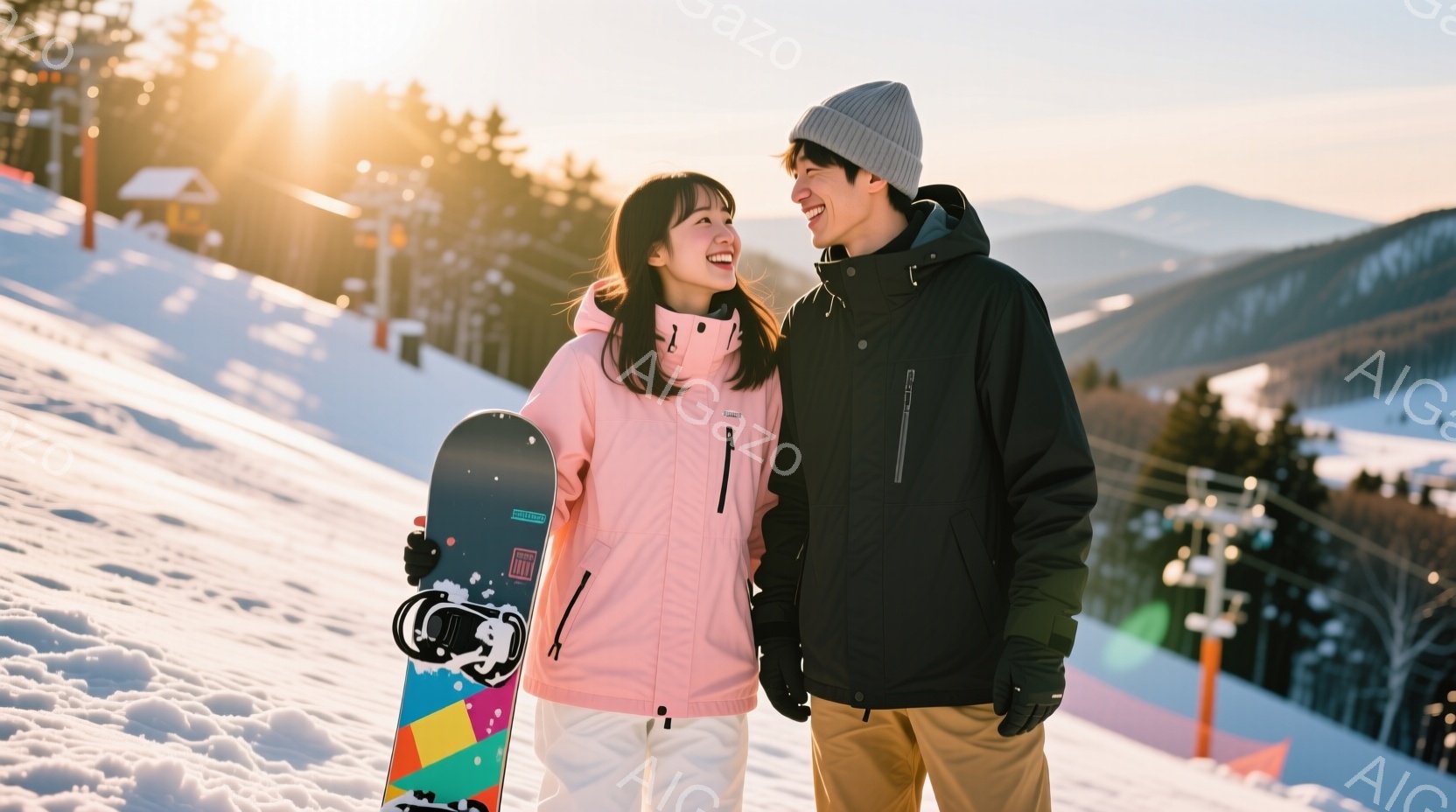 雪山を背景に、若い男女が寄り添って立っている。女性はピンクのスキーウェアに白いパンツ、髪は肩までの長さで、笑顔を見せている。男性は黒のジャケットとベージュのパンツを着用し、ニット帽をかぶって女性を見つ - AI生成フリー素材