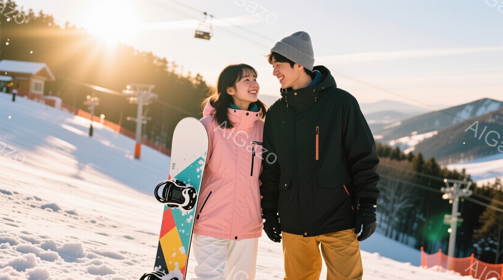 スノーボードの板を立てかけ、若い男女が雪山で微笑み合っている。女性はピンクのジャケットと白いズボンを着用し、長い髪をダウンさせている。男性は黒いジャケットとベージュのズボンを着用し、ニット帽をかぶって - AI生成フリー素材