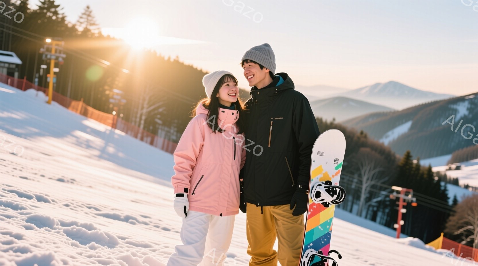 スキー場を背景に、若い男女が笑顔で立っている。女性はピンクのスキーウェアに白いニット帽をかぶり、男性は黒のジャケットにベージュのパンツを着用し、こちらもニット帽を被っている。背景には雪に覆われた山々と、リフト、そして穏やかな日差しが差し込み、暖かく明るい雰囲気を醸し出している。