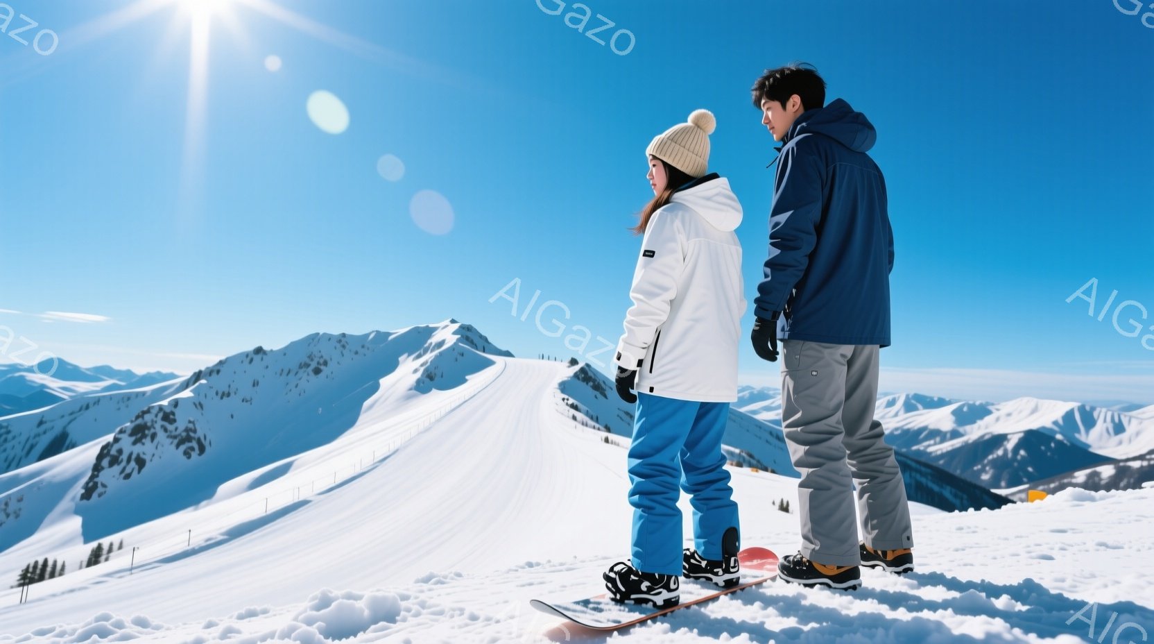 雪山を背景に、スノーボードとスキーを楽しむ男女が描かれています。女性は白いパーカーと水色のズボン、ニット帽を着用し、ボードを立てかけて景色を眺めています。男性は紺色のジャケットとグレーのズボンを着用し - AI生成フリー素材