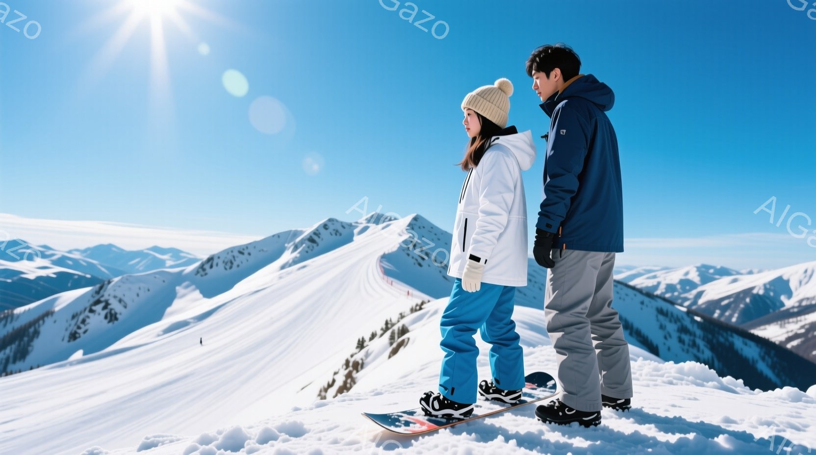 雪山を背景に、スノーボードを履いた若い男女が立っている。女性は青いスキースーツに白いダウンジャケット、ニット帽を被り、男性は紺色のジャケットとグレーのズボンを着用している。雪景色は晴天で、遠くには雪を - AI生成フリー素材