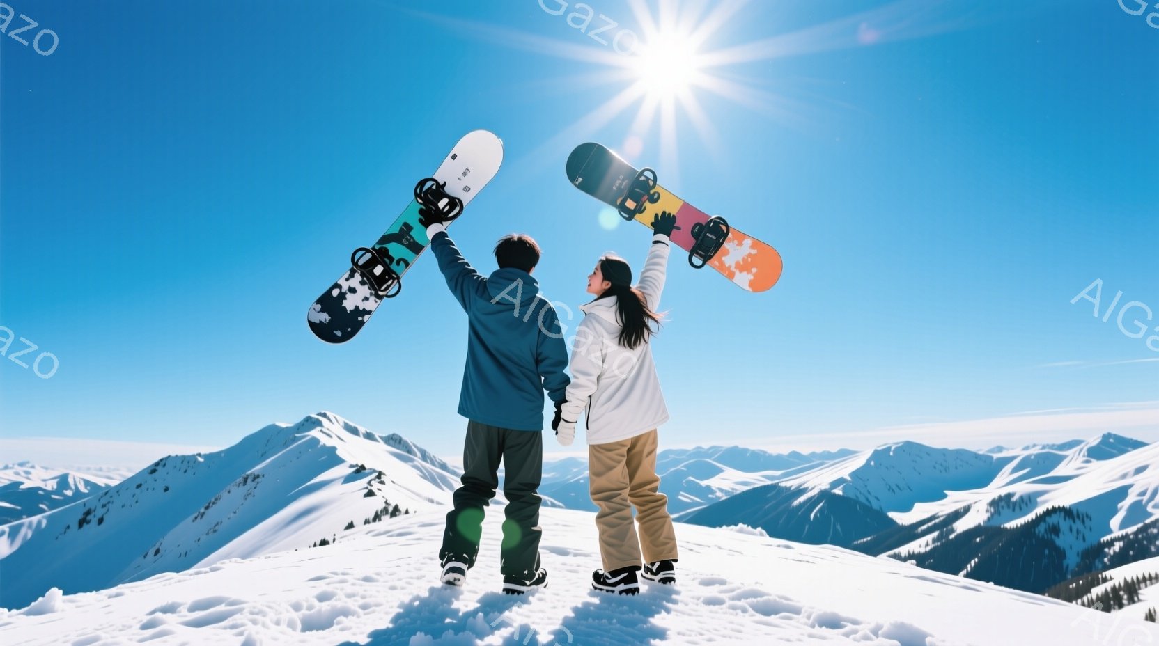 雪山頂に立つ男女が、それぞれスノーボードを高く掲げています。男性は濃い青色のジャケットと黒いズボン、女性は白いジャケットと茶色のズボンを着用しており、どちらも黒いブーツを履いています。背景には雪を被った山々が広がり、晴天で強い日差しが降り注いでおり、爽やかで開放的な雰囲気です。