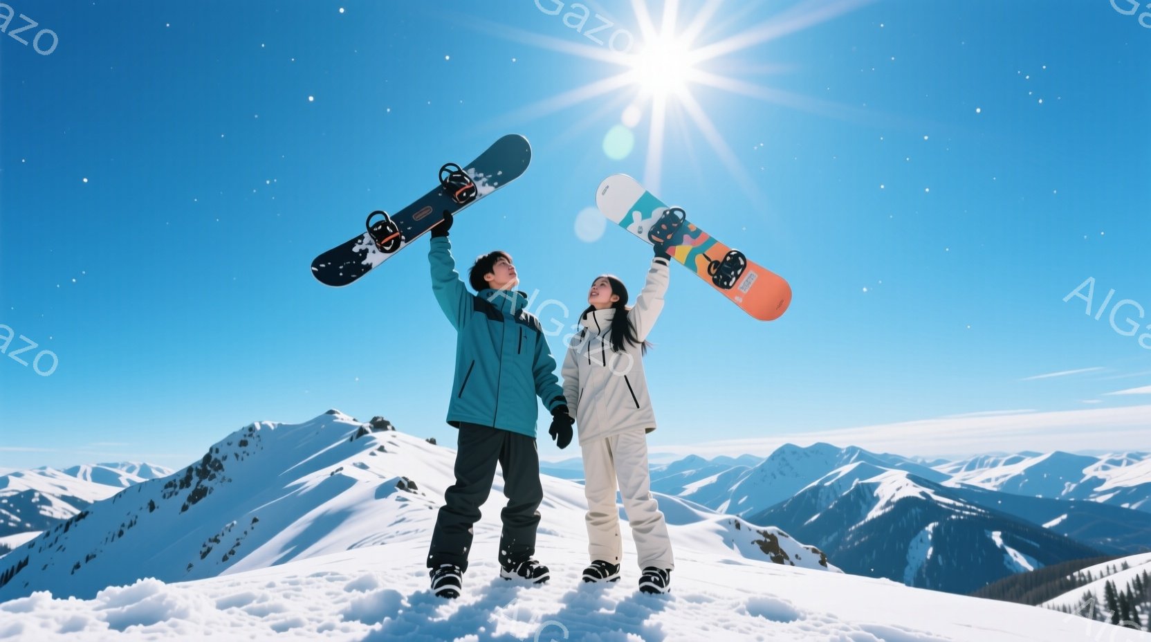 雪山を背景に、スノーボードを掲げた男女が写っています。男性は黒い髪で、ターコイズブルーのジャケットと黒いズボンを着用し、女性は黒いロングヘアで、白いジャケットとズボンを着用しています。二人とも笑顔で、 - AI生成フリー素材