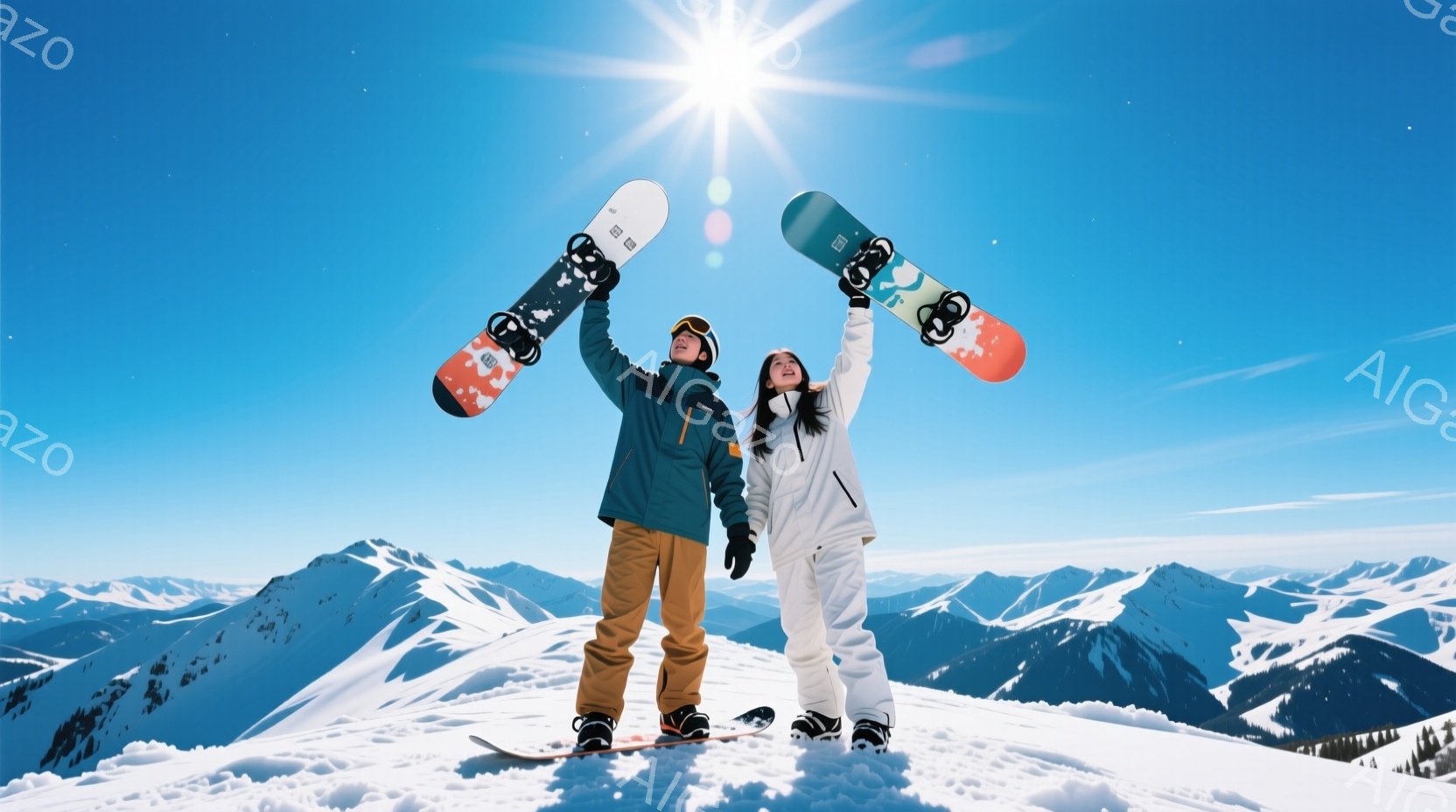 雪山を背景に、スノーボードを掲げて笑顔の男女が立っている。男性は青いニット帽と緑色のジャケット、ベージュ色のズボンを着用し、女性は黒髪を後ろでまとめ、白いジャケットと黒のズボン姿である。背景には雪を頂 - AI生成フリー素材