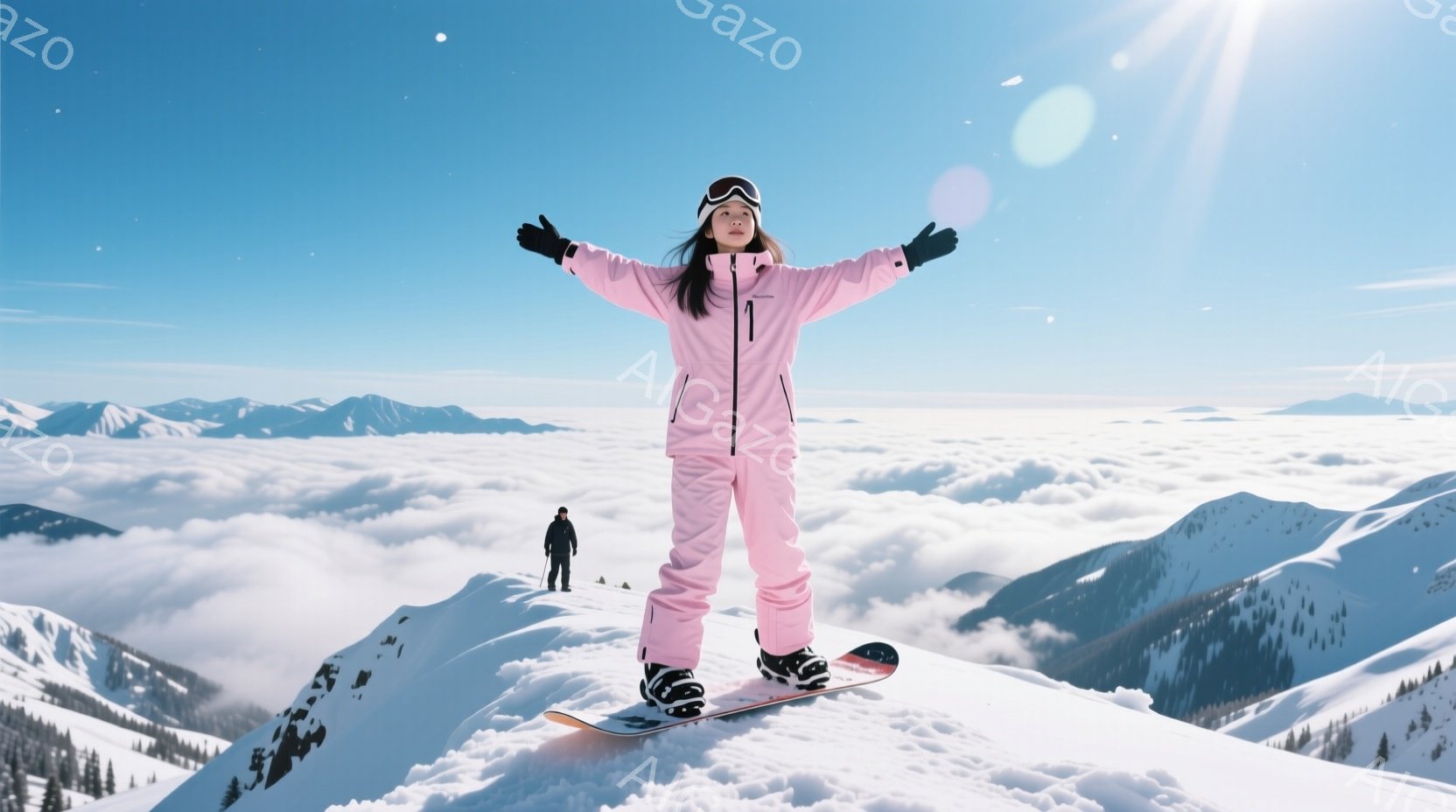 ピンクのスキーウェアに身を包んだ女性が、雪山の上で両手を広げて喜んでいます。黒いスキー板とブーツを履き、長い黒髪は背中に流れています。背景には雲海と雪を頂いた山々が広がり、晴天の下、爽やかで開放的な雰 - AI生成フリー素材
