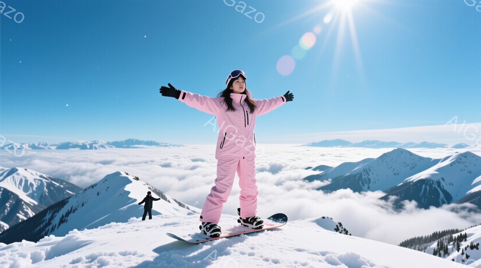 ピンク色のスノーボードウェアに身を包んだ女性が、スノーボードの上で両手を広げ、満面の笑みを浮かべている。背景には雲海が広がり、雪を頂いた山々が連なっている空は晴れ、太陽が眩しく輝いている。全体的に、開 - AI生成フリー素材