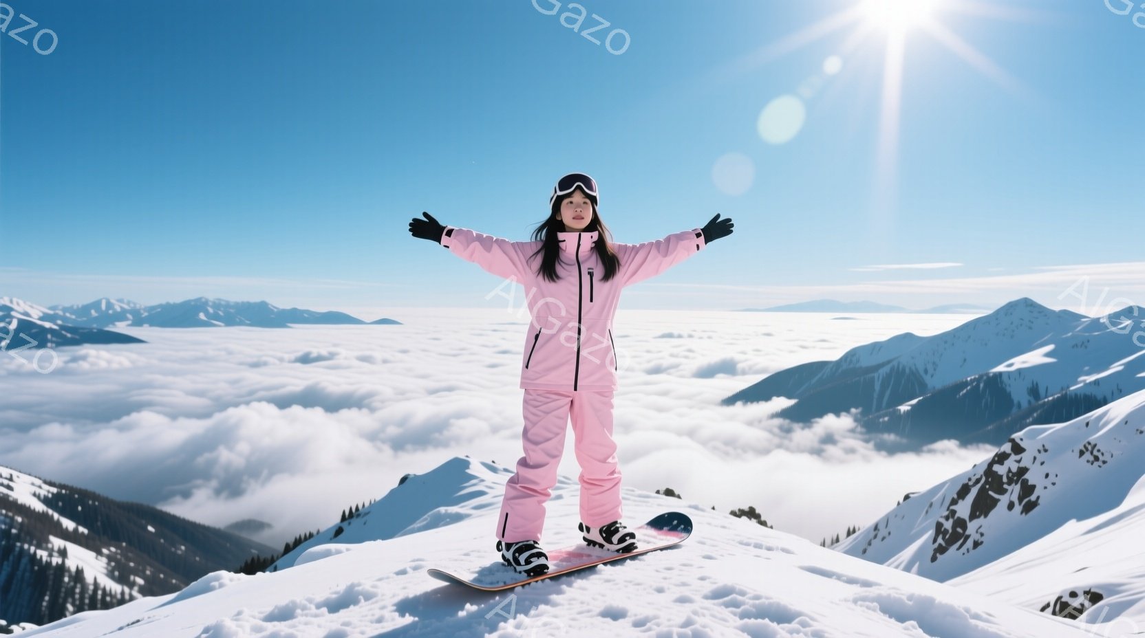 ピンク色のスキーウェアを着た女性が、雪山の上で両手を広げて立っています。彼女は黒いゴーグルをかけ、長い黒髪は背中に伸びています。背景には雲海と雪を頂いた山々が広がり、晴天の下、開放的な雰囲気を醸し出しています。
