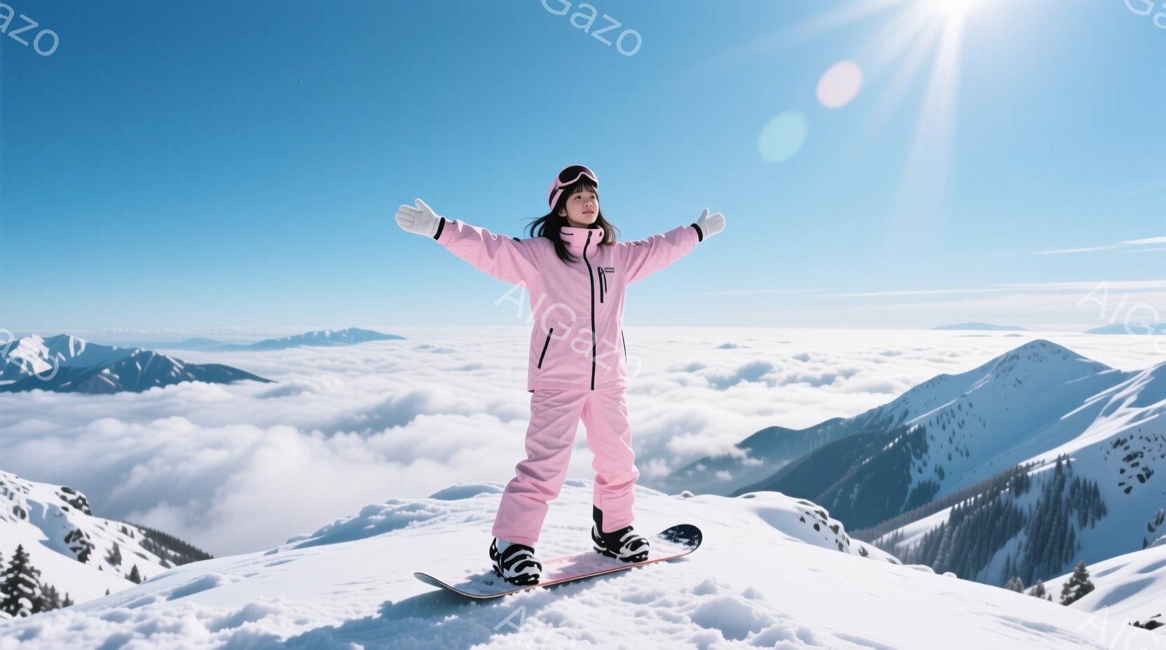 ピンク色のスノーボードウェアに身を包んだ女性が、雪山頂で両手を広げて立っています。彼女は黒いヘルメットを被り、雪の上にはスノーボードが置かれています。背景には雲海と雪を頂いた山々が広がり、晴天の下、開放的な雰囲気が漂っています。