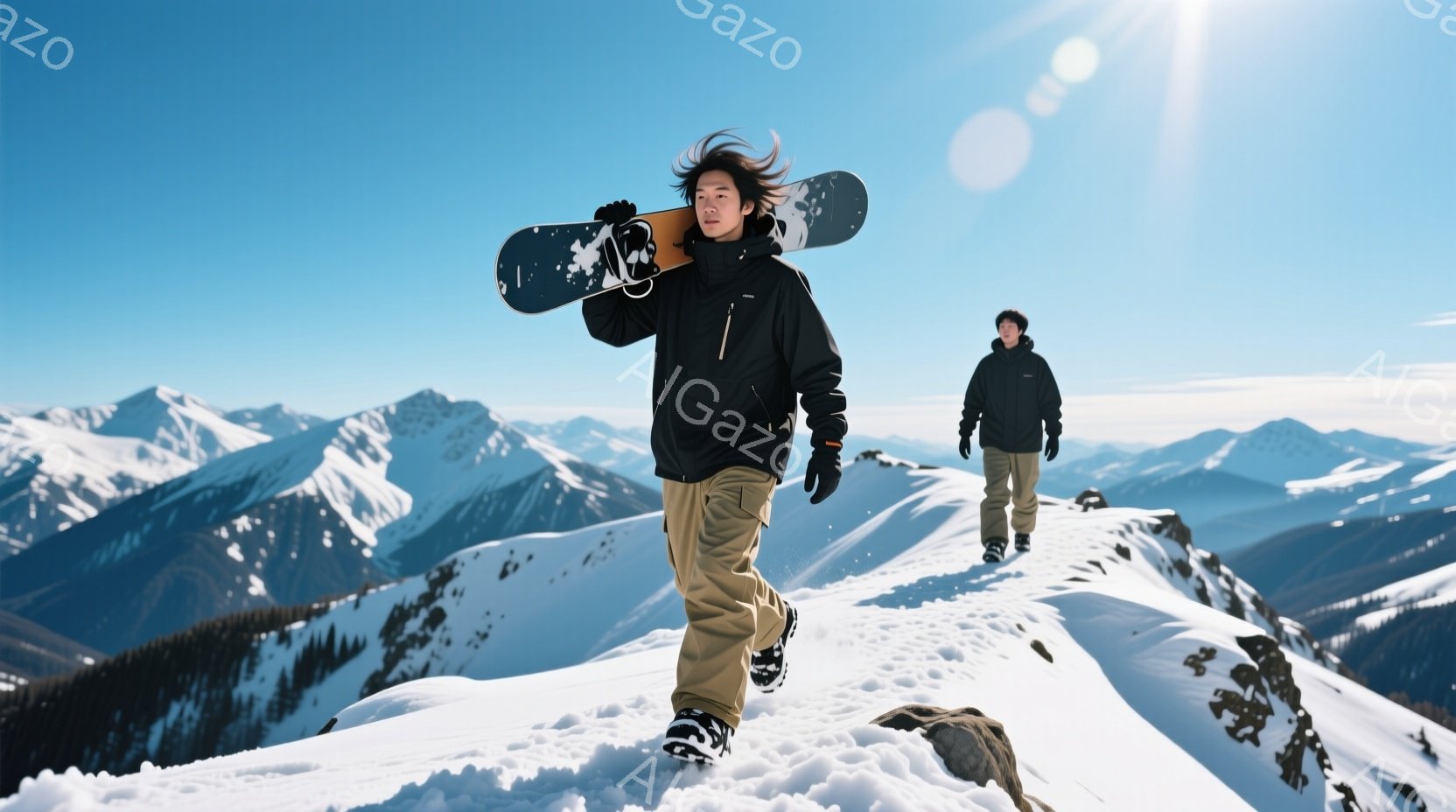 雪山の上をスノーボーダーが歩いている写真です。彼は黒のジャケットとベージュのズボンを着用し、黒髪を少し無造作にしています。背景には雪を頂いた山々が広がり、晴天の下、爽やかな冬の雰囲気が漂っています。