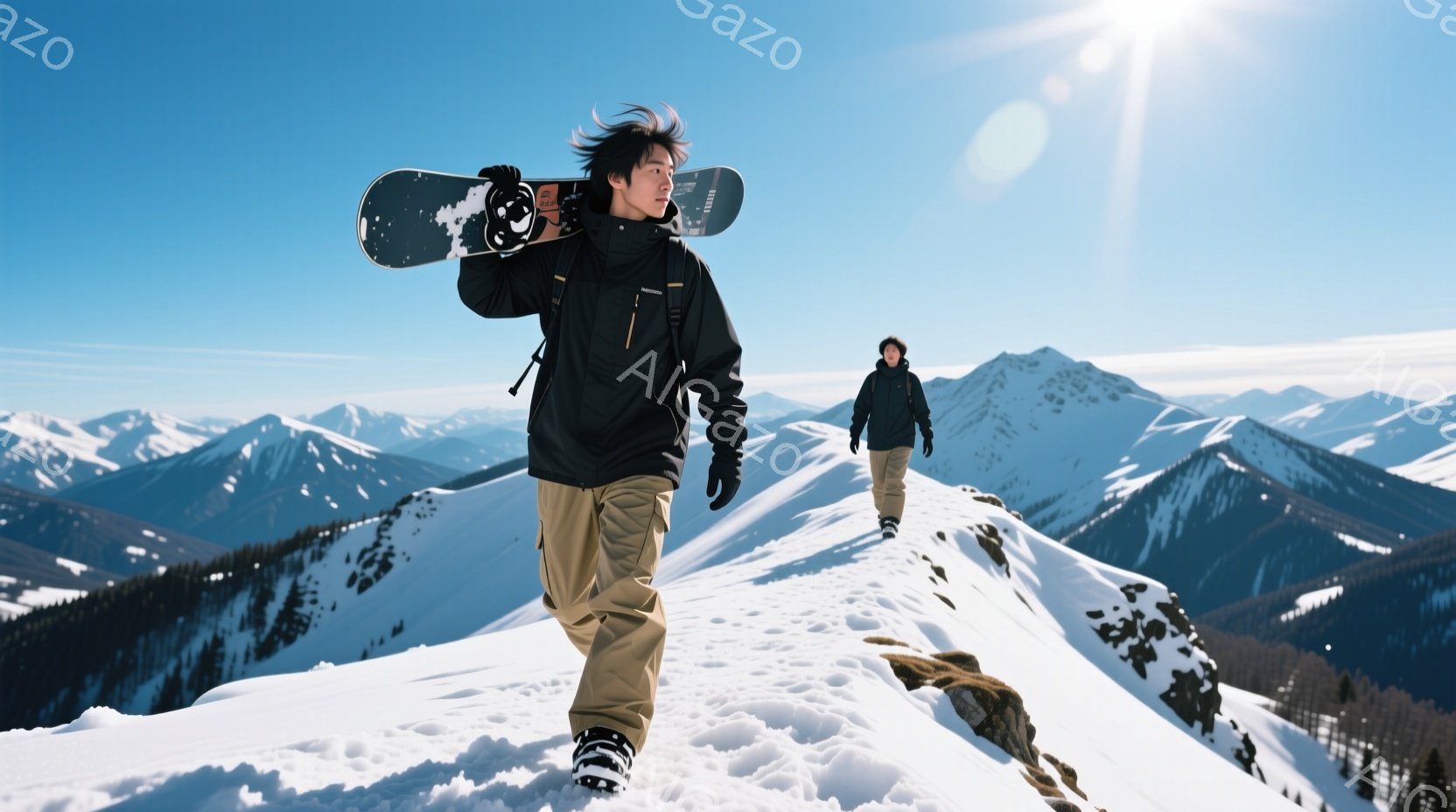 雪山の上をスノーボーダーが歩いている写真です。彼は黒のジャケットとベージュのズボンを着用し、スノーボードを肩に担いでいます。背景には雪を抱いた山々が連なり、晴天の下、爽やかな冬の雰囲気が漂っています。 - AI生成フリー素材