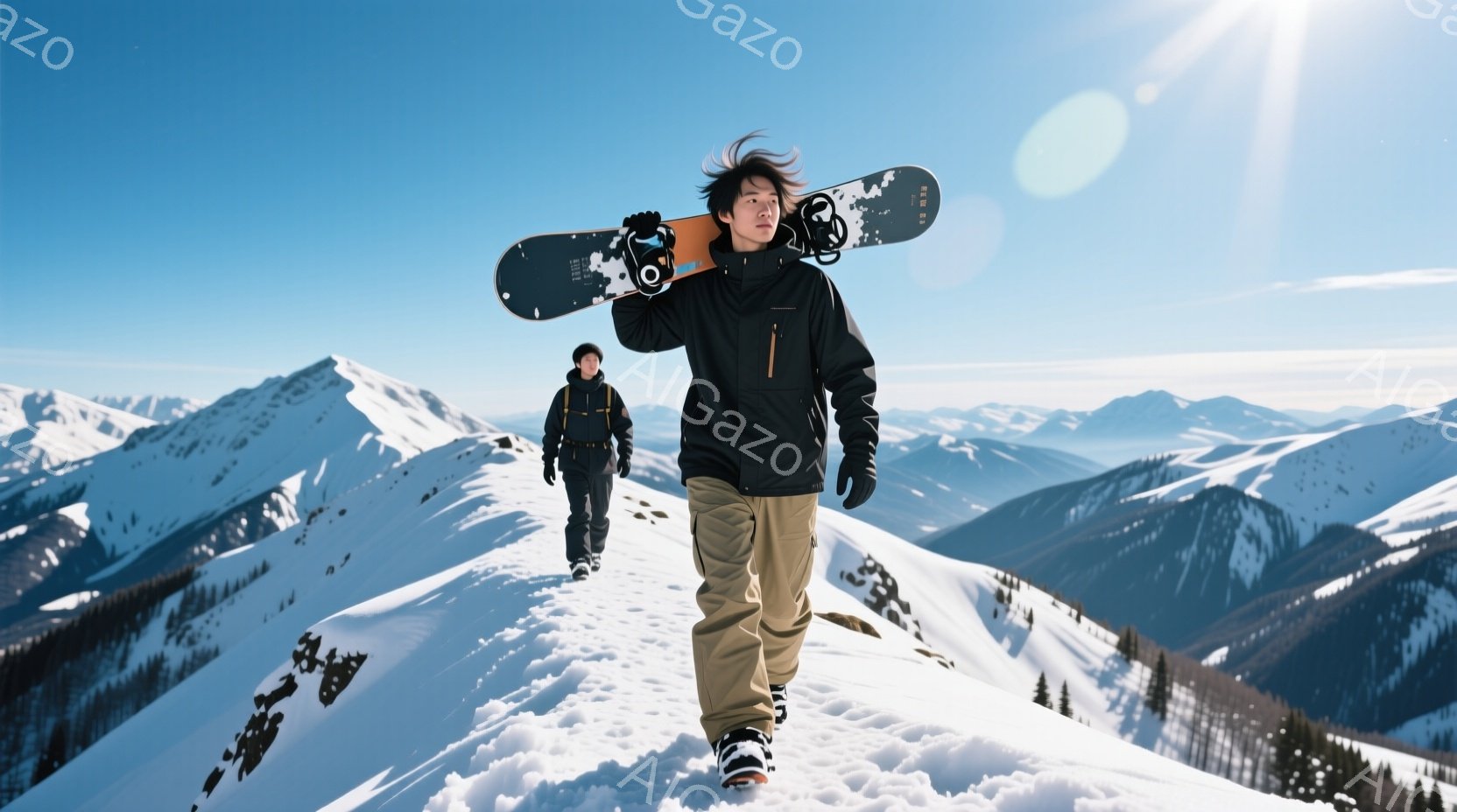 雪山を背景にしたスノーボーダーの男性二人を捉えています。片方の男性は黒のジャケットとベージュのズボンを着用し、ボードを肩に担いで斜面を歩いています。背景には雪を頂いた山々が広がり、晴天の下、爽やかでアクティブな雰囲気が漂っています。