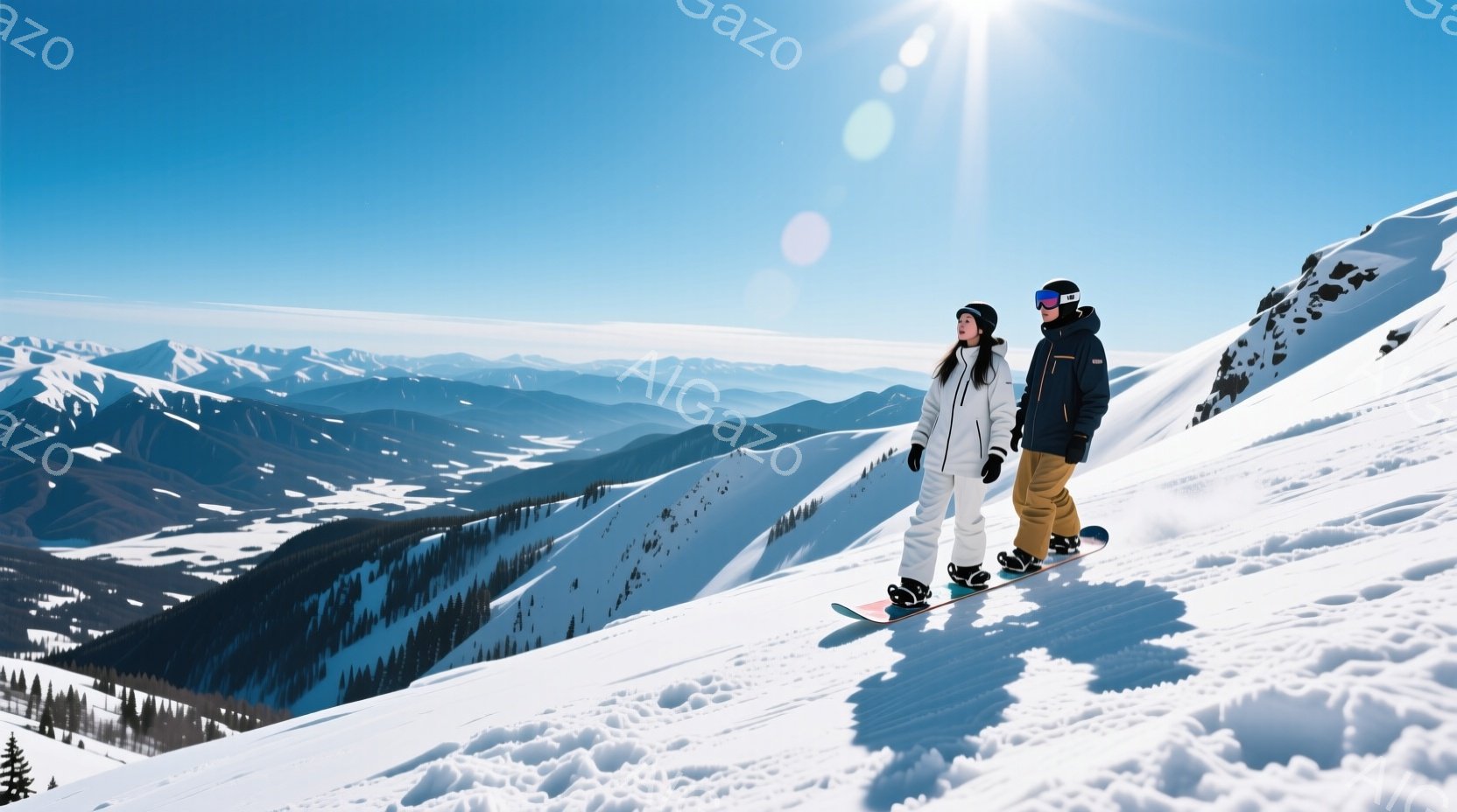 雪山を背景に、スノーボードに乗った男女が写っている。女性は白いジャケットとズボンを着用し、長い黒髪を後ろに流している。男性は黒いジャケットとベージュのズボンを着用し、ヘルメットとゴーグルを付けているため表情ははっきりしないが、二人とも穏やかな雰囲気で、壮大な雪景色を背景に楽しんでいる様子が伝わってくる。