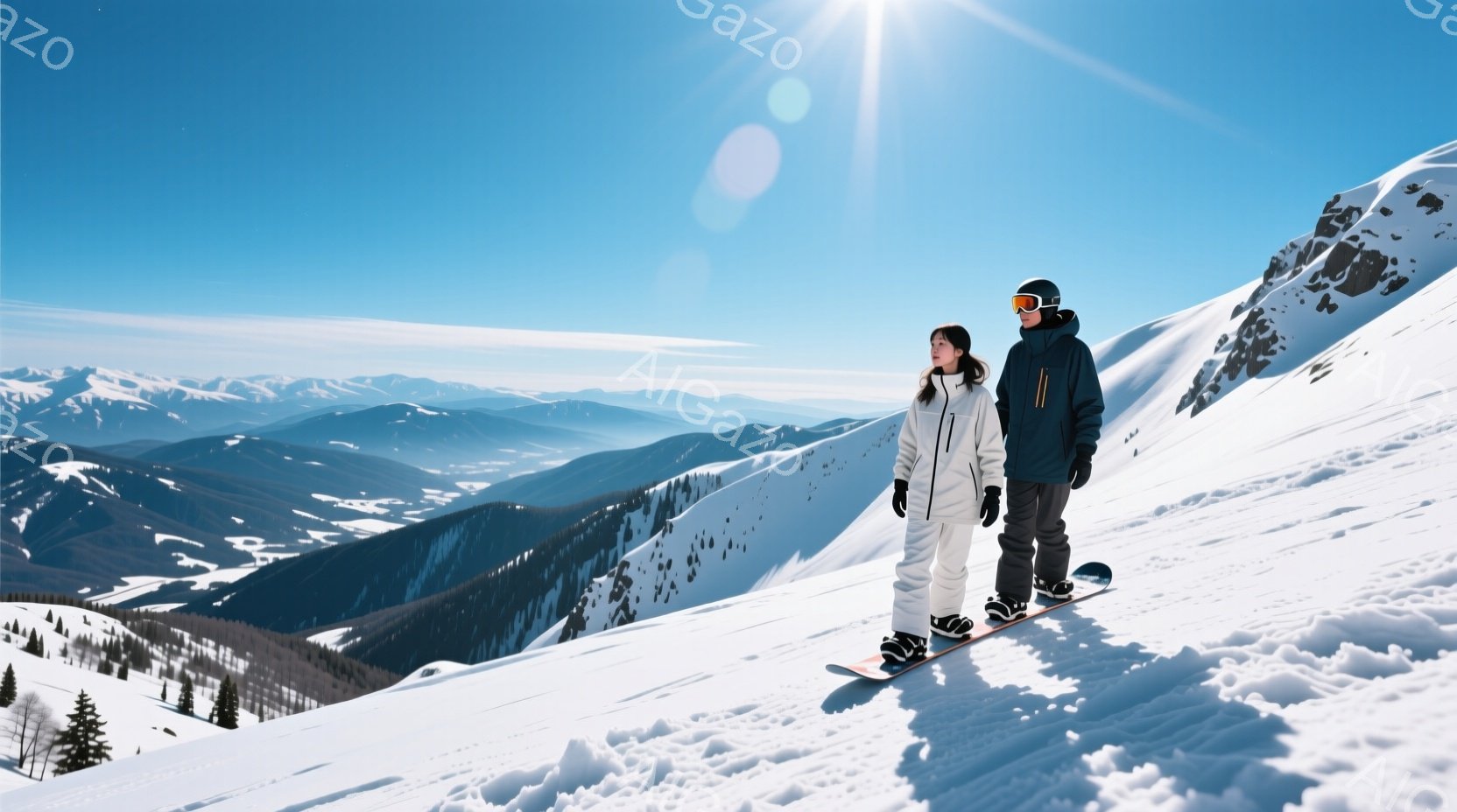 雪山を背景に、スノーボードに乗った男女が並んで立っている。女性は白いスキーウェアに黒髪を露出させ、男性は黒いスキーウェアにヘルメットを着用し、互いに寄り添っている。背景には雪をまとった山々が連なり、晴 - AI生成フリー素材