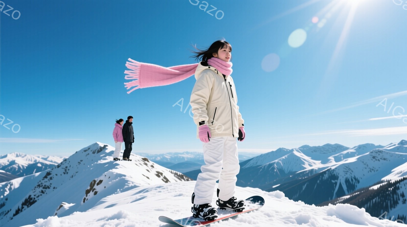 雪山を背景にスノーボードに乗った女性の姿を捉えています。女性は白いダウンジャケットとパンツ姿で、ピンクのマフラーを巻き、髪を風になびかせながら遠くを見つめており、リラックスした笑顔を浮かべています。背景には雪をまとった山々が広がり、晴天の青空が広がり、爽やかで開放的な雰囲気が漂っています。