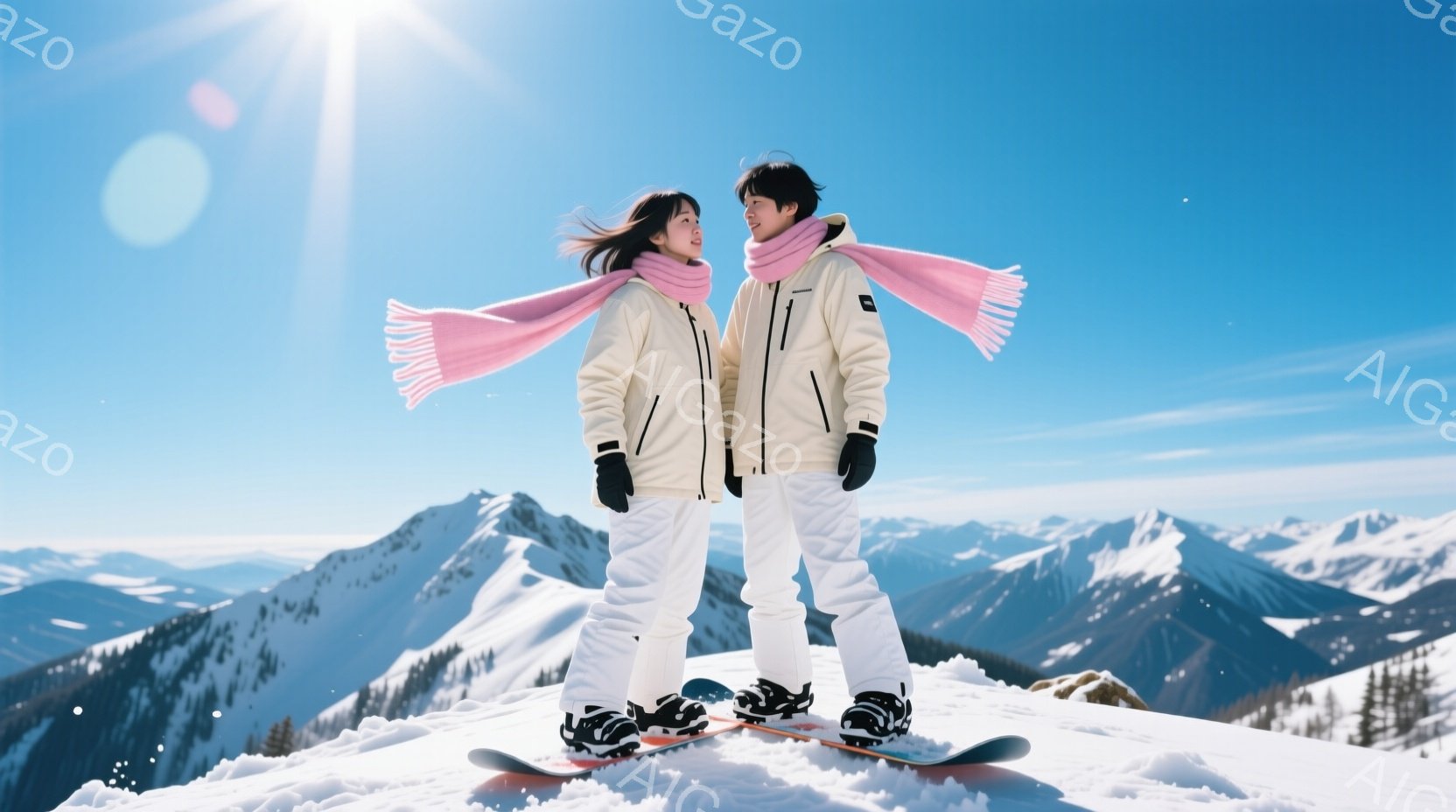 雪山を背景に、若い男女がスノーボードの上に立っている。二人は白いスキーウェアにピンクのネックウォーマーを巻き、ヘアスタイルはそれぞれ、女性が風になびく長い髪、男性が短髪である。背景には雪をまとった山々 - AI生成フリー素材