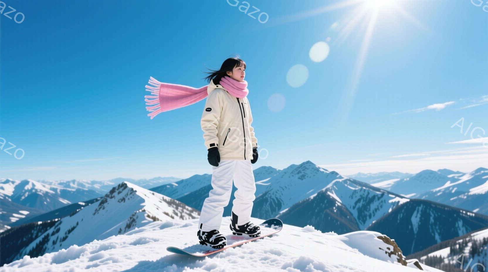 白いスキーウェアにピンクのマフラーを巻いた女性が、雪山の上でスノーボードに乗っています。彼女は少し横を向き、髪は風になびき、表情は穏やかでリラックスしています。背景には雪をまとった山々が連なり、晴天の - AI生成フリー素材