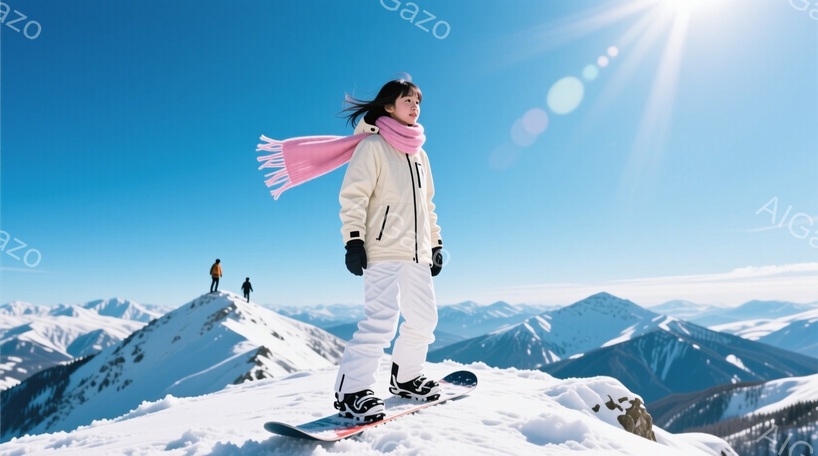 白いスノーボードウェアに身を包んだ女性が雪山の上に立っている。ピンク色のマフラーを首に巻き、黒い手袋を着用し、片足はスノーボードに乗せている。背景には雪をまとった山々が広がり、晴天の下、爽やかな冬の景色が広がっている。