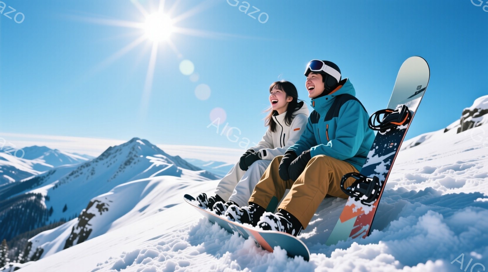 雪山を背景に、スノーボードに乗った若い男女が笑顔で座っている様子が写っている。女性は白いジャケットと黒いズボンを身につけ、髪を後ろで束ねている。男性は青いジャケットとベージュ色のズボンを着用し、ゴーグ - AI生成フリー素材
