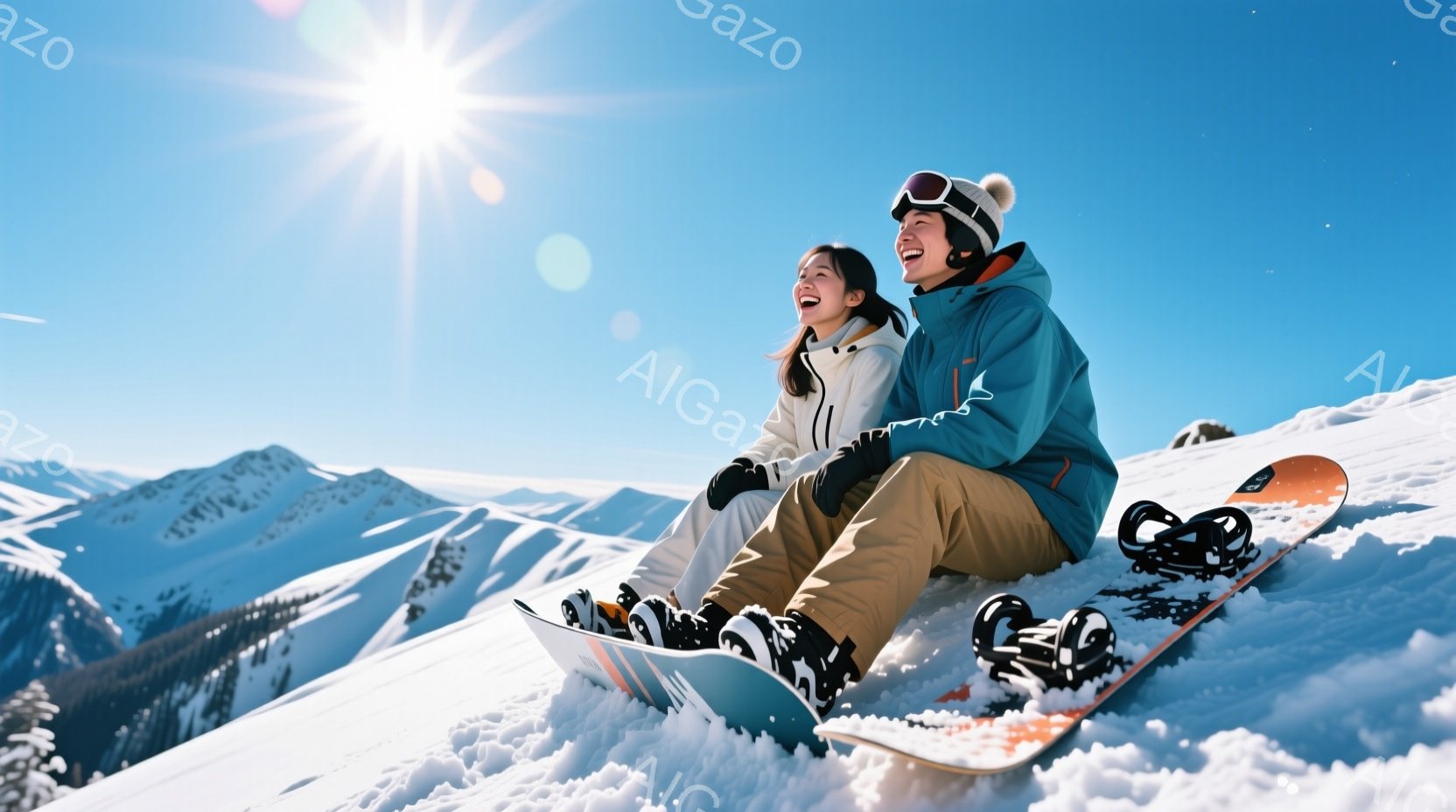 スノーボードを履いた若い男女が雪山で休憩しています。女性は白いダウンジャケットを着ており、髪を後ろでまとめています。男性は青いジャケットとベージュのズボンを着用し、顔にはゴーグルをつけて笑顔を見せてお - AI生成フリー素材