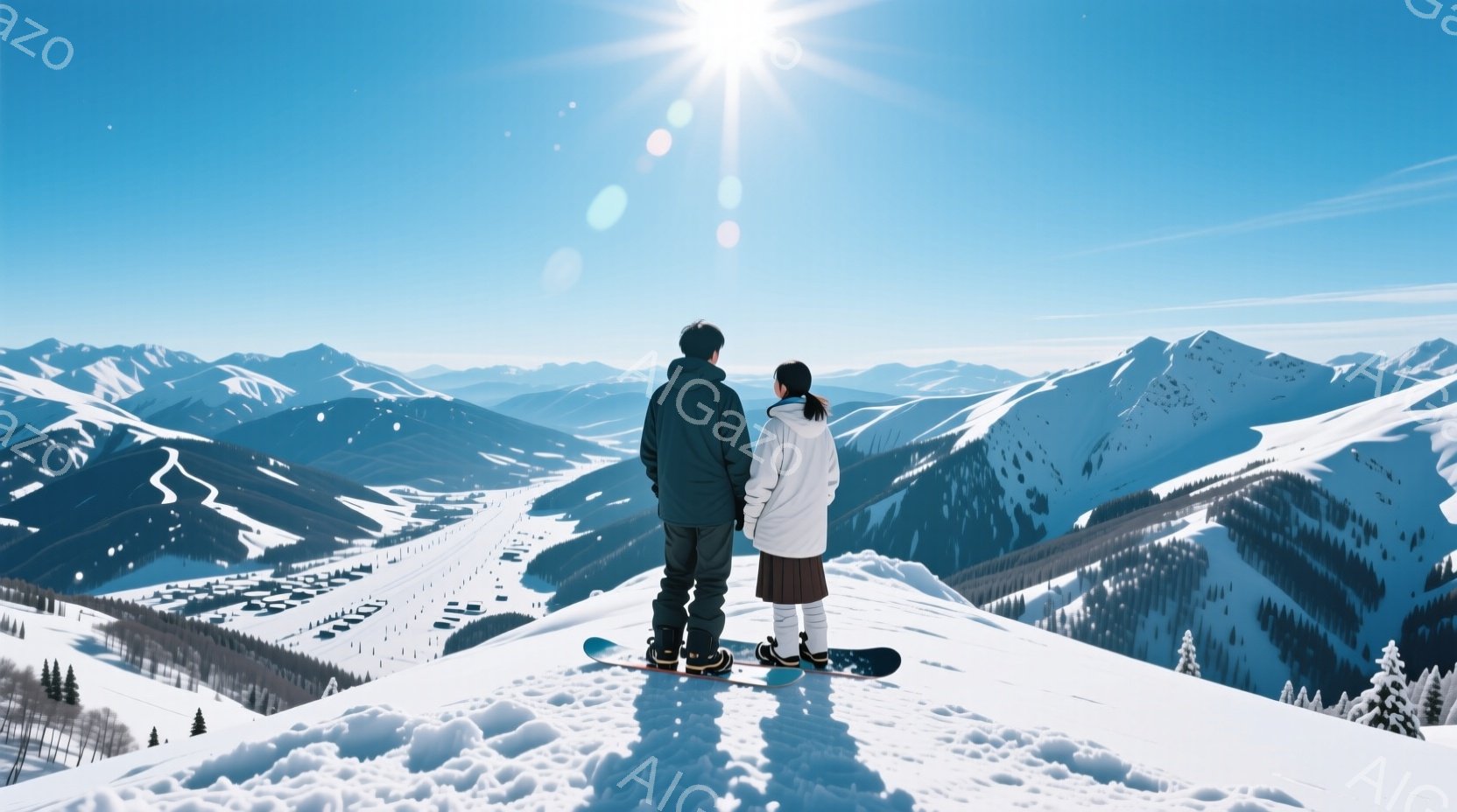雪山を背景に、スノーボードを履いた男女が並んで立っている。男性は黒いジャケットとズボンを着用し、女性は白いジャケットに短いスカートと白い靴下を履いている。背景には、雪に覆われた山々が広がり、スキー場ら - AI生成フリー素材