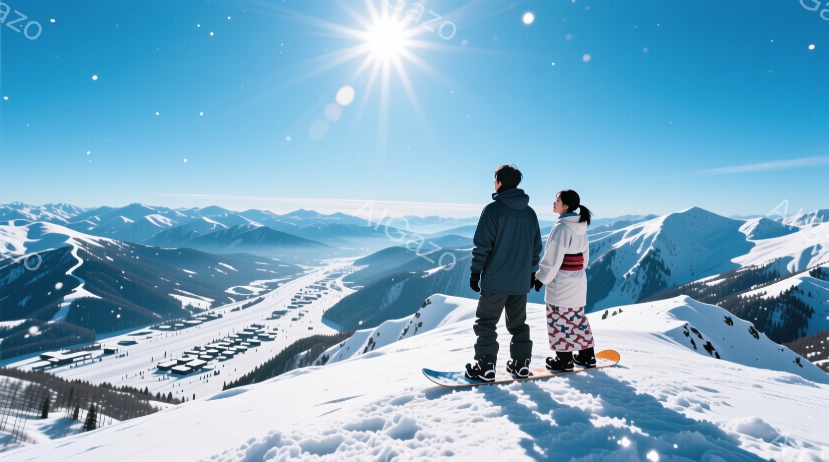 雪山の上で、後ろ向きに立つ男女が二人います。男性は黒いジャケットとズボンを着用し、女性は白とピンクの柄のジャケットに紫のズボンを着用し、髪は後ろで一つに結んでいます。彼らの足元にはスノーボードがあり、眼下には雪に覆われた山々と建物が広がり、晴天で雪が舞う冬の景色が広がっています。