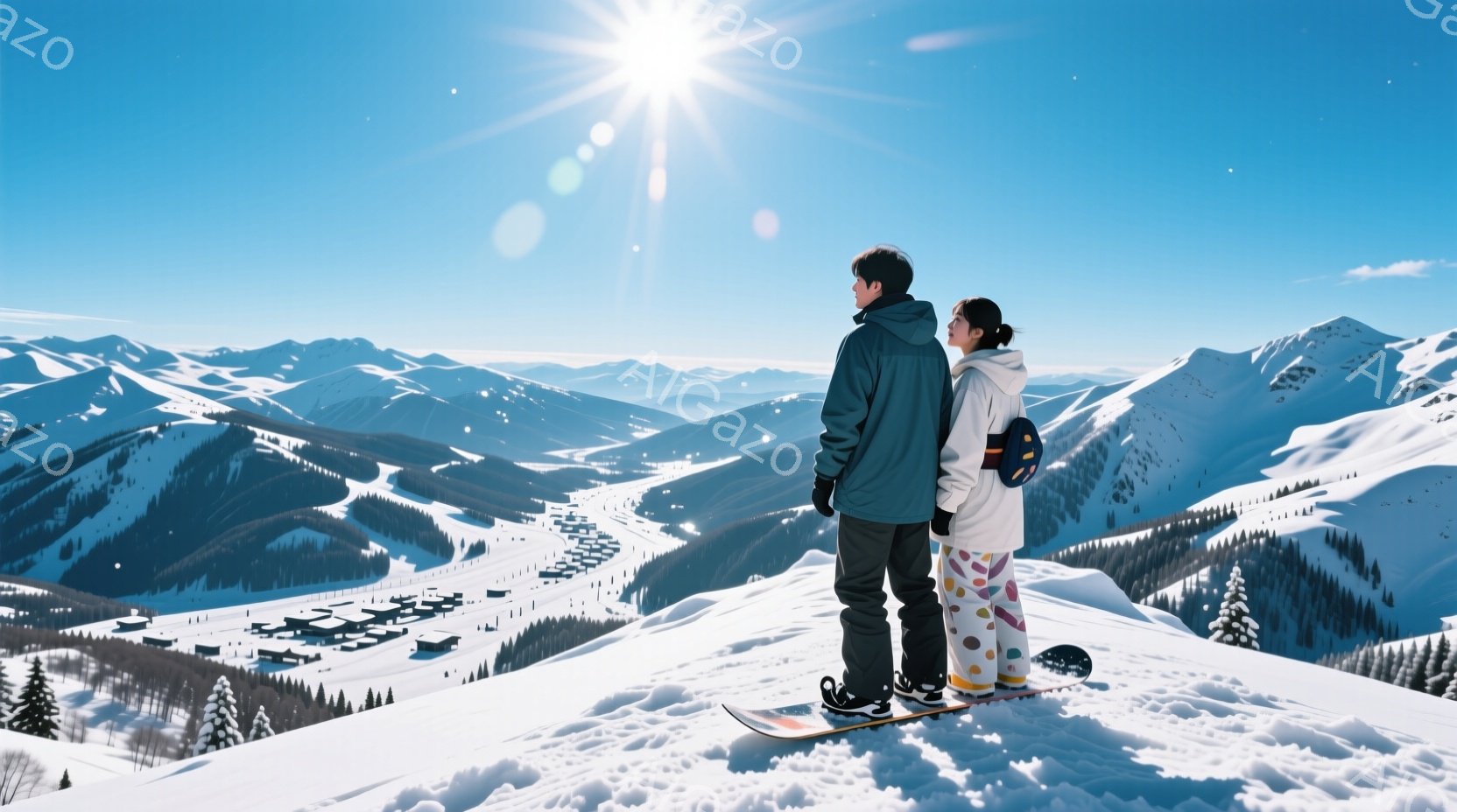 雪山を背景に、スノーボードとブーツを置いた男女が立っている。男性は濃い緑色のジャケット、女性は白いジャケットとドット柄のズボンを着用しており、共に冬のスキーウェアを身につけている。背景には雪に覆われた - AI生成フリー素材