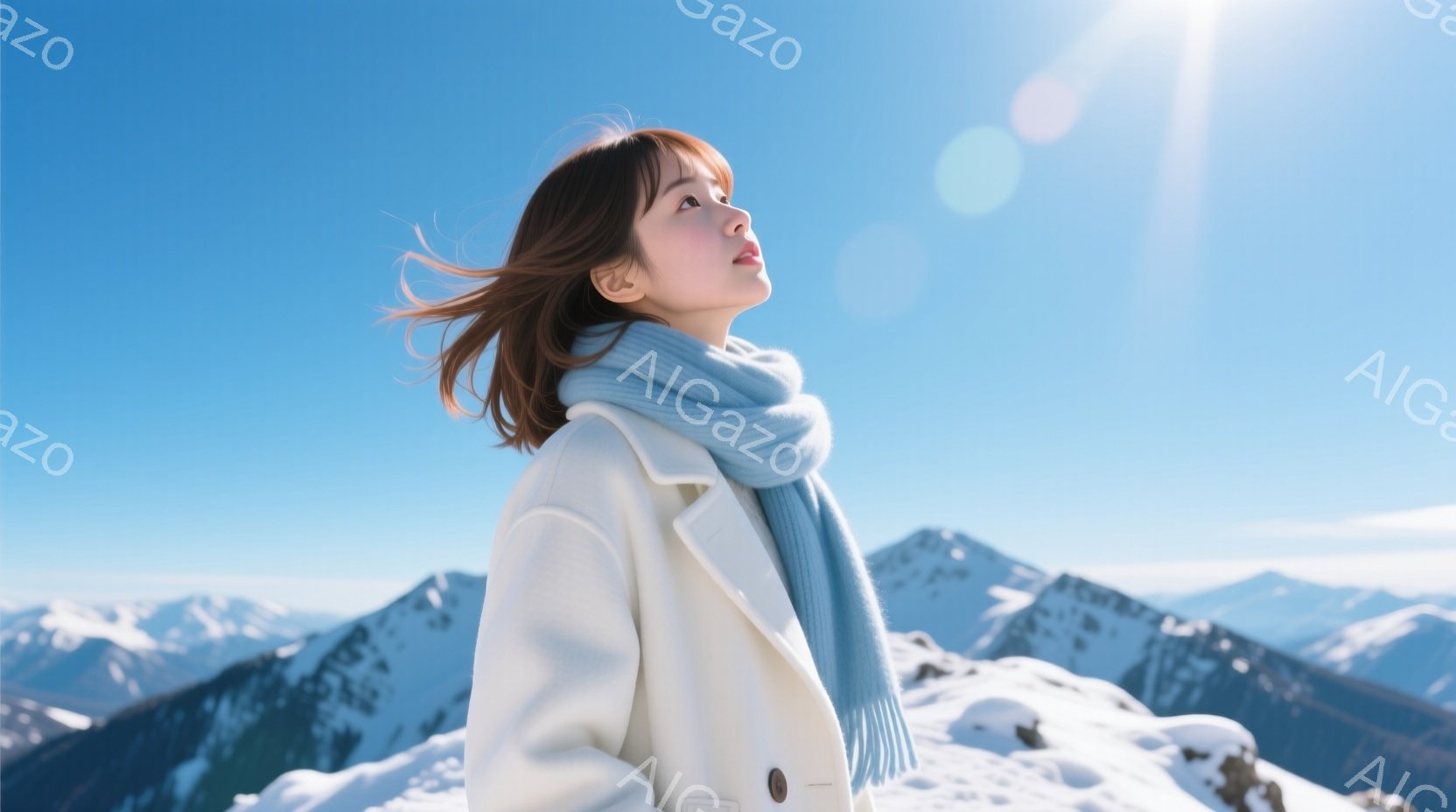 雪山を背景に、白いコートと水色のマフラーを身に着けた女性を捉えています。彼女は顔を上げ、遠くを見つめるような表情で、風になびく髪が印象的です。雪に覆われた山々と青空が広がり、澄んだ空気と静寂を感じさせる、開放的で美しい風景が広がっています。