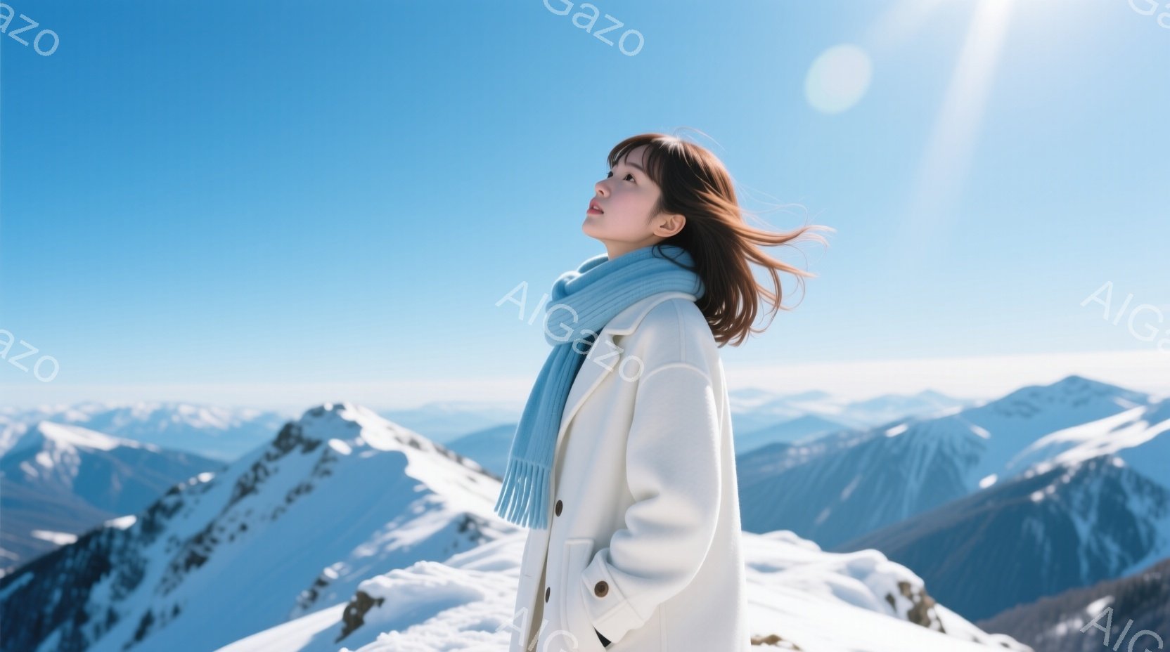 長い髪を風になびかせ、白いコートと水色のマフラーを身につけた女性が、雪山を背景に立っている。彼女は顔を少し上げ、遠くを見つめており、穏やかで希望に満ちた表情をしている。背景には雪をまとった山々が広がり、晴天の下、澄んだ青空が広がっている。