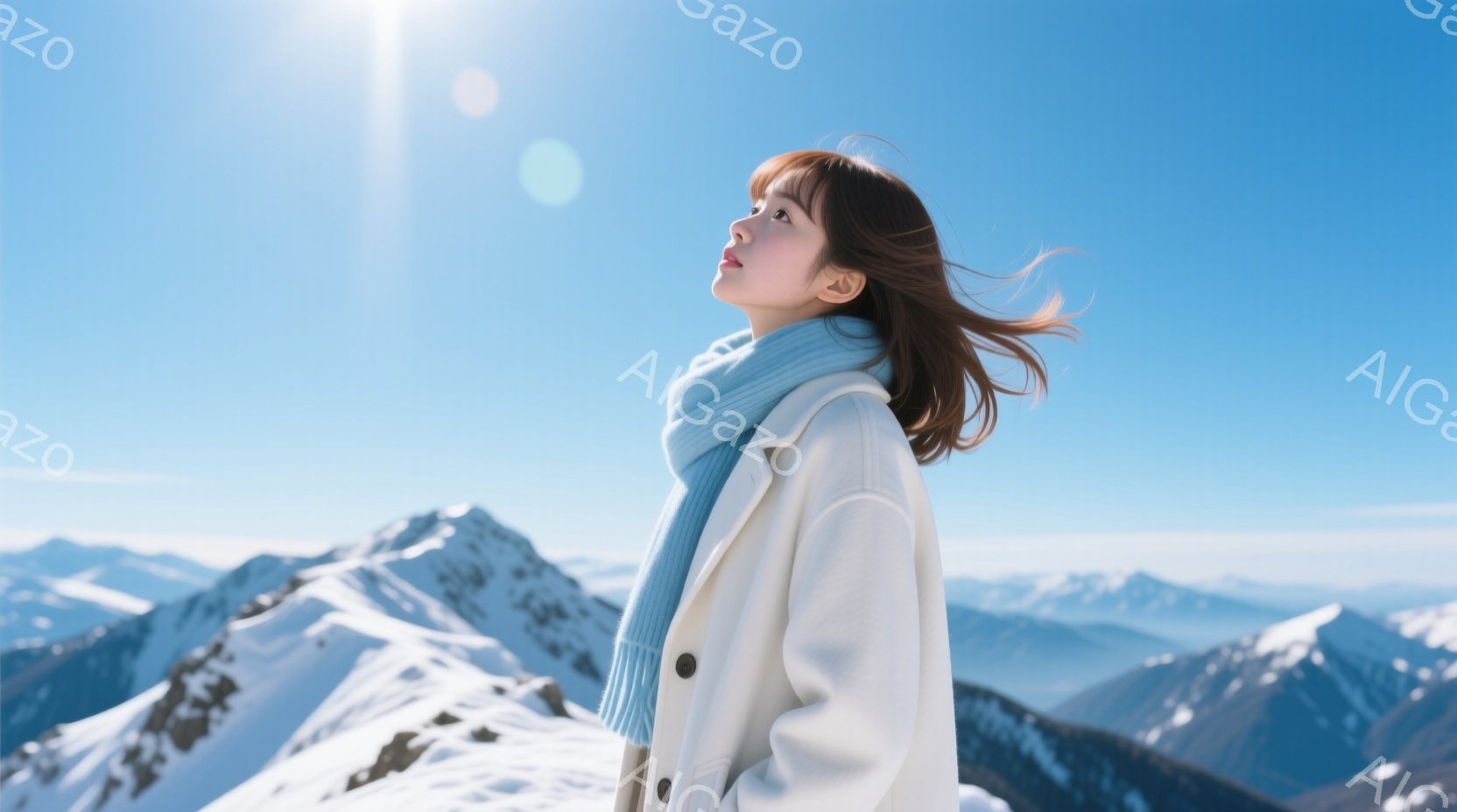 雪山を背景に、白いコートと水色のマフラーを巻いた若い女性が写っている。彼女は少し上を見上げ、風になびく髪と穏やかな表情が印象的だ。遠くには雪を頂いた山々が広がり、晴天の下、清々しい冬の雰囲気を醸し出し - AI生成フリー素材