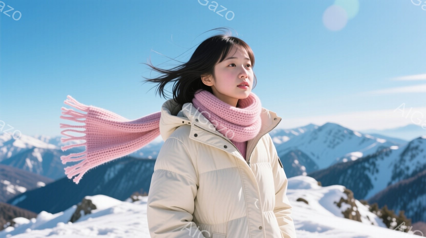 雪山を背景に、若い女性が白いダウンジャケットとピンク色のマフラーを着用し、横顔を見せて立っている。彼女は黒髪で、風になびいている。背景には雪に覆われた山々が広がり、晴天で光が差し込んでいるため、爽やかで冬らしい雰囲気が漂っている。