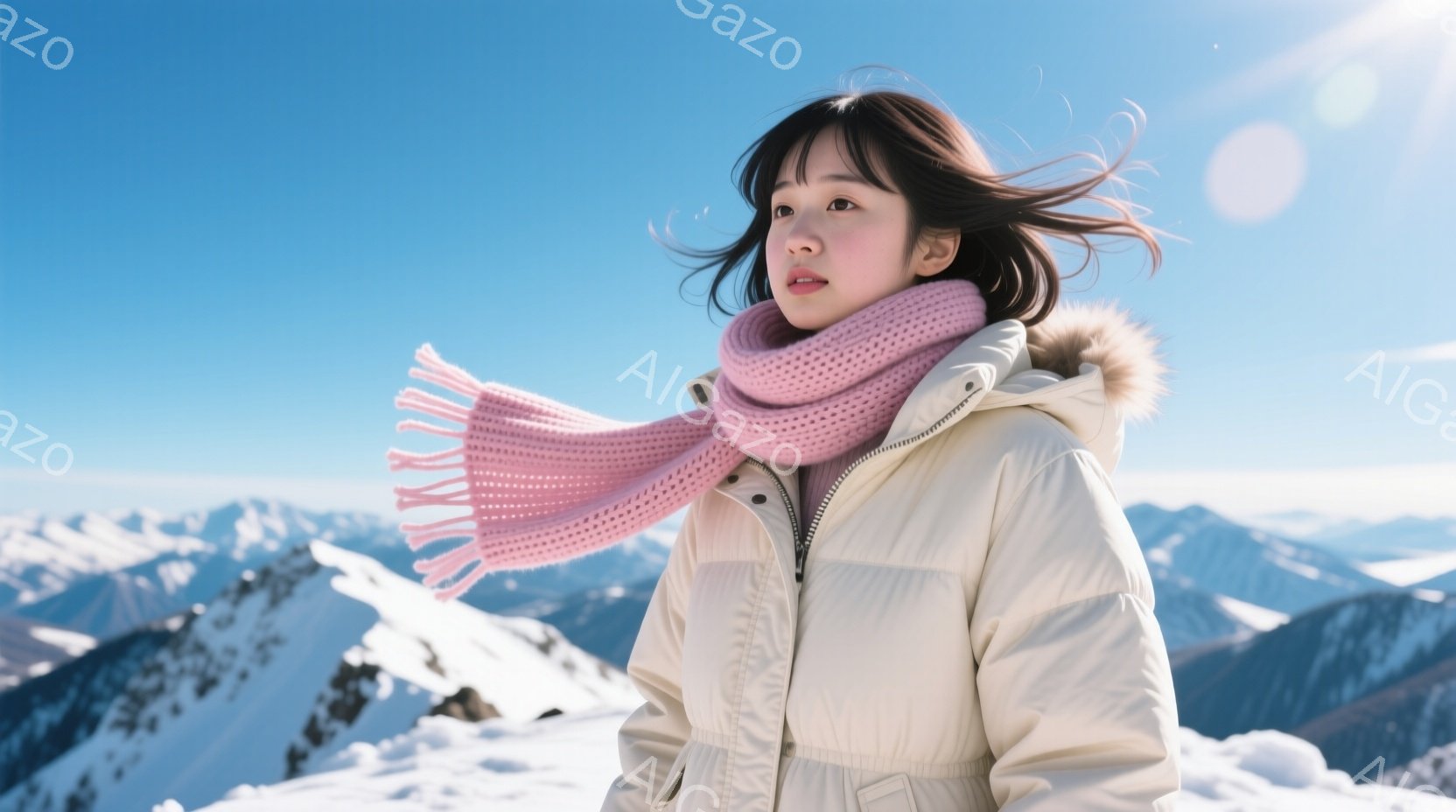 雪山を背景に立つ女性が写っています。彼女はオフホワイトのフード付きダウンジャケットとピンク色のマフラーを身につけ、風になびく黒髪が印象的です。顔は少し上向きで、遠くを見つめる穏やかな表情をしています。