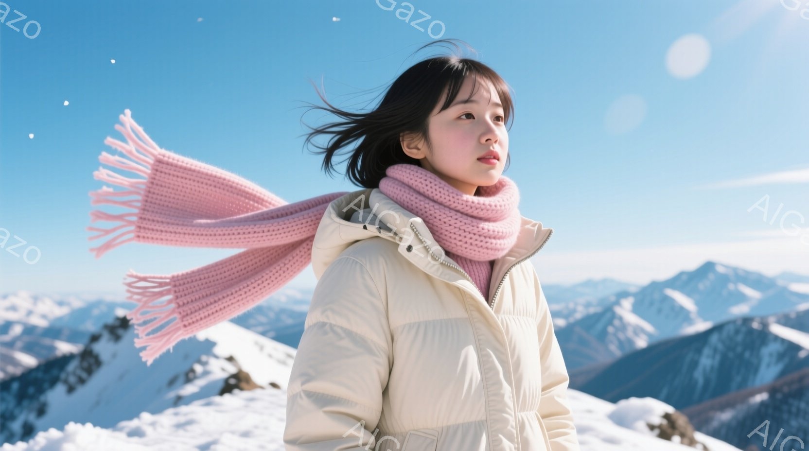 ピンク色のマフラーを首に巻き、クリーム色のダウンジャケットを着た若い女性が写っています。彼女は少し横を向き、雪山を背景に穏やかな表情を浮かべています。背景には雪をまとった山々が広がり、晴天の下、澄んだ - AI生成フリー素材