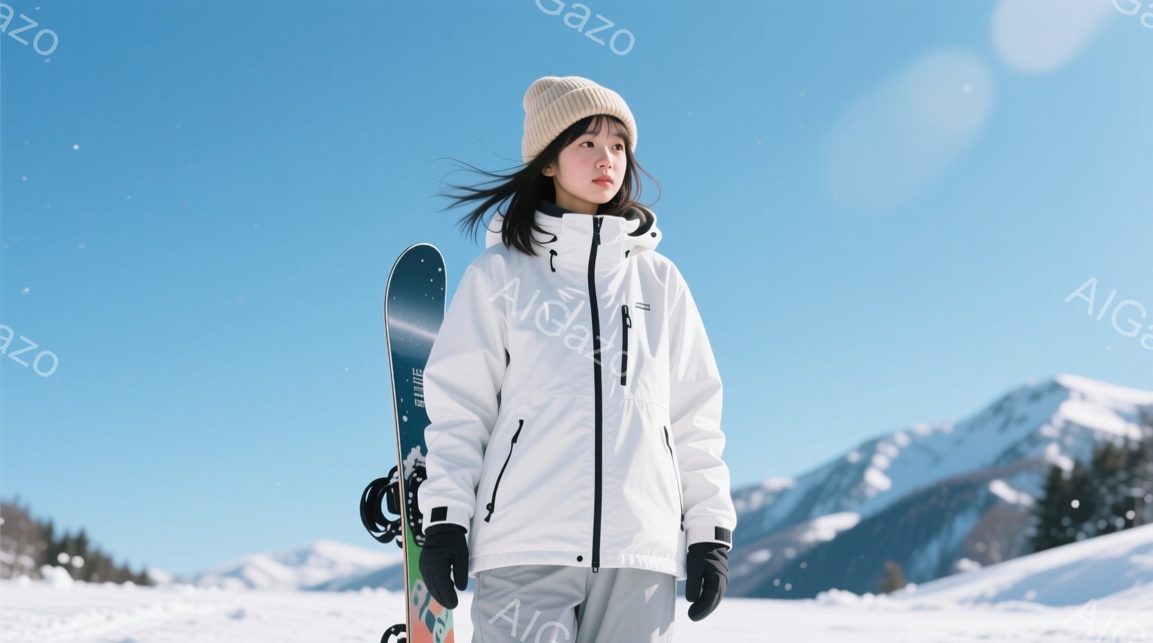 スキー板を脇に抱え、白いスキーウェアとニット帽を身につけた女性が写っている。彼女はやや横を向き、少し微笑んだ表情で、雪山を背景に立っている。晴天の下、雪が輝き、全体的に爽やかで冬らしい雰囲気である。 - AI生成フリー素材