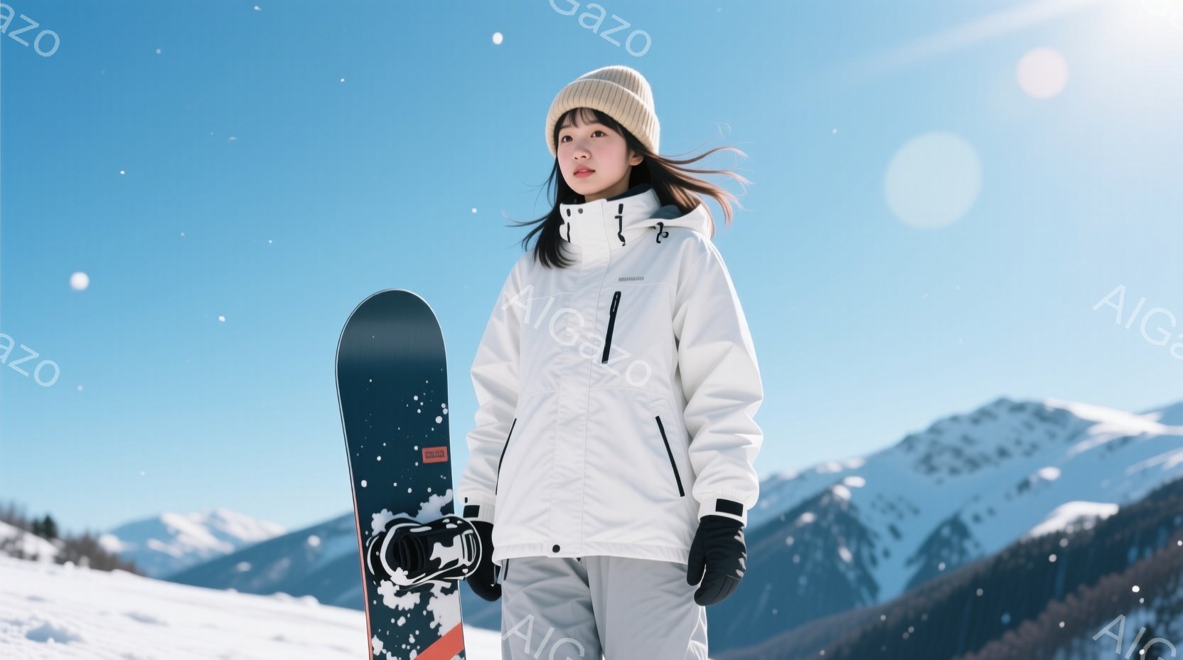 雪山を背景に、白いスキーウェアとグレーのパンツを着用した女性が立っている。彼女は頭にニット帽をかぶり、黒い手袋を着用し、少し微笑んだ表情でカメラを見ている。背景には雪を頂いた山々が広がり、雪が舞う冬の景色が広がっている。