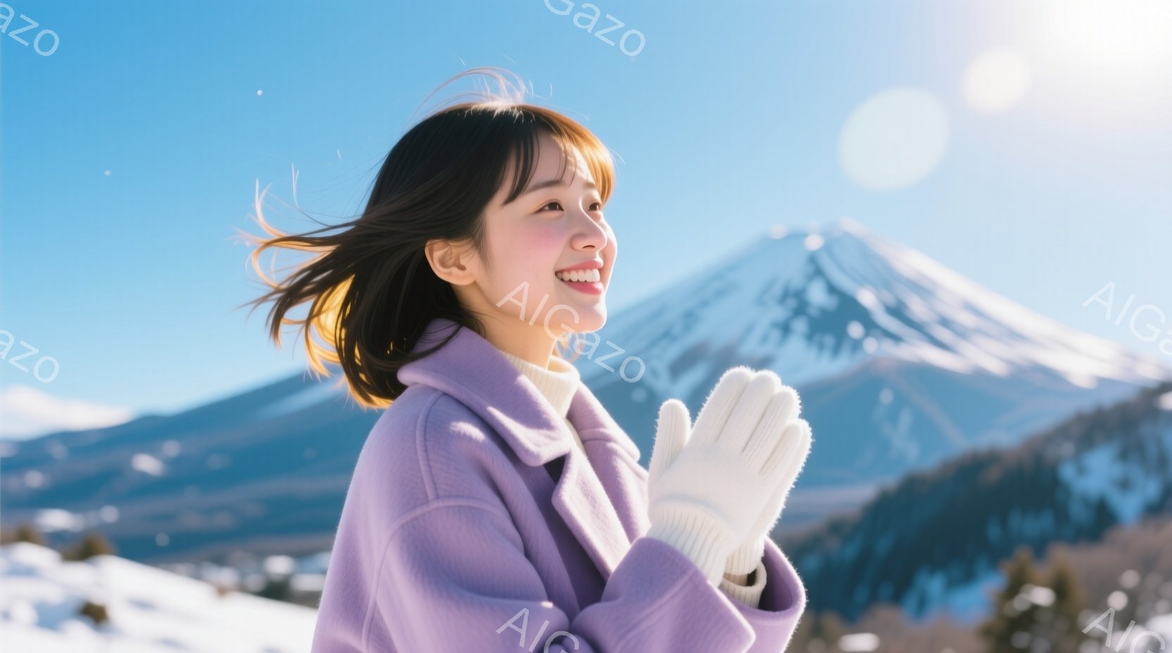 若い女性が、紫色のコートと白い手袋を身につけ、雪景色を背景に微笑んでいます。彼女は少し体を傾け、両手を前に揃えて何かを抱きしめるような姿勢をとっています。背景には雪をまとった富士山が聳え立ち、晴天の下、暖かい雰囲気を感じさせます。