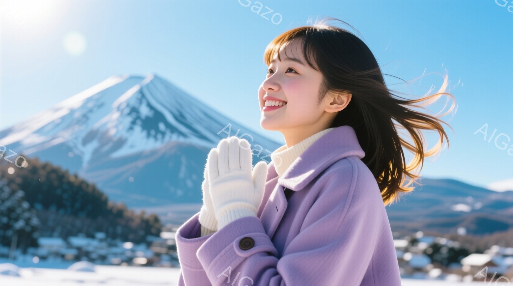 明るい紫色のコートを着た若い女性が、雪景色を背景に微笑んでいます。彼女は手を重ねて暖を取っているようで、少し風が吹いて髪が揺れています。背景には雪をまとった富士山がそびえ立ち、冬の晴れた日の穏やかな雰 - AI生成フリー素材