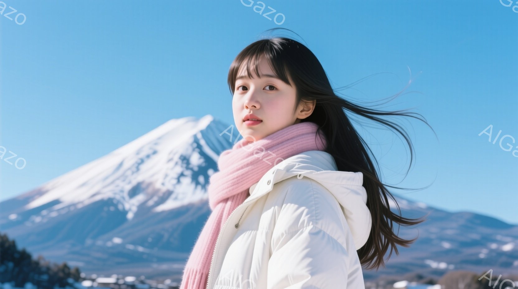 長い黒髪を風になびかせ、白いダウンジャケットとピンク色のマフラーを身につけた若い女性が写っています。彼女は少し微笑んでおり、まっすぐカメラを見つめています。背景には雪をかぶった富士山がそびえ立ち、晴れた空と緑の低い木々が広がっています。