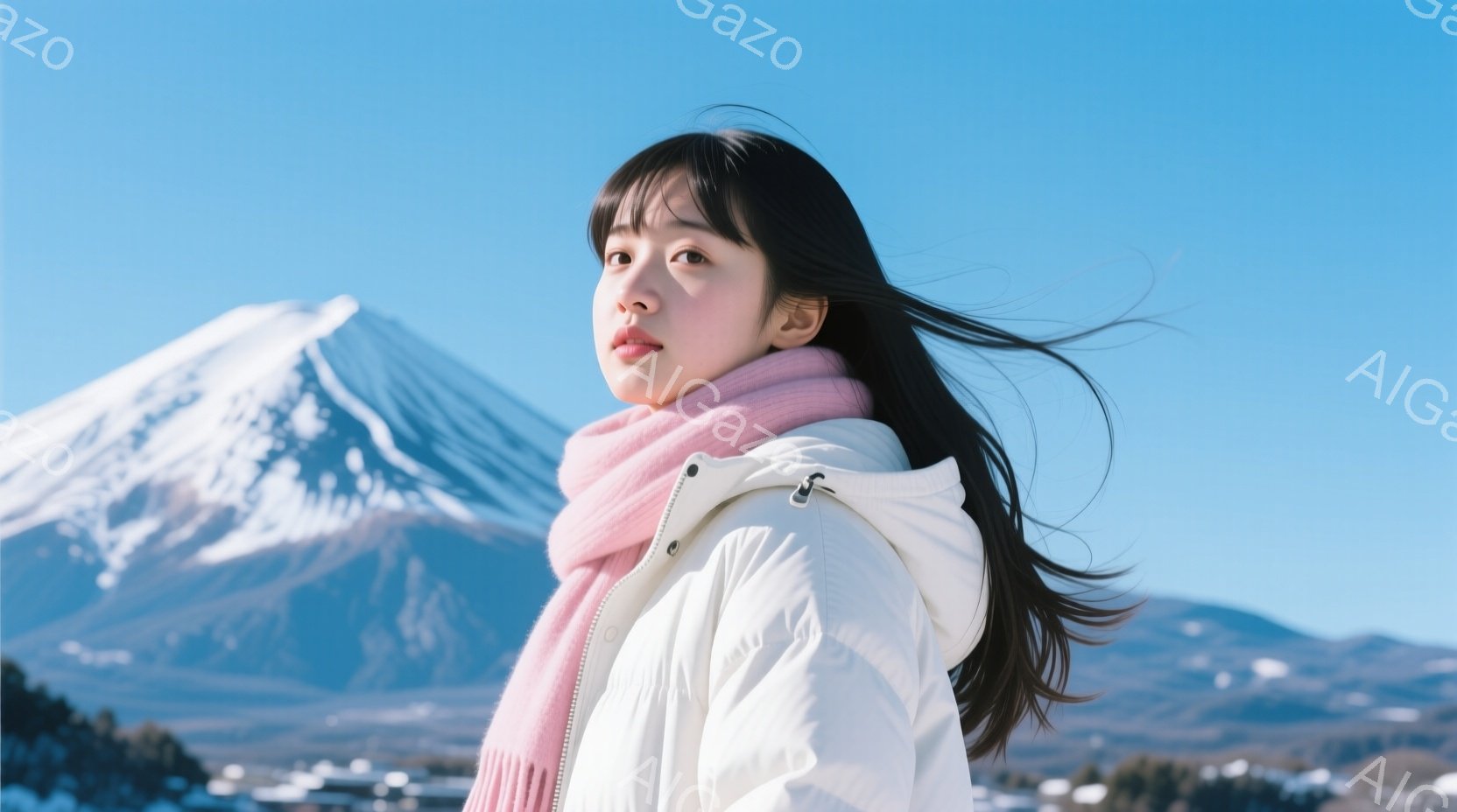 黒髪を風になびかせた女性が、白いフード付きジャケットとピンクのネックウォーマーを着て、正面を見つめています。背景には、雪をまとった富士山が壮大にそびえ立ち、手前の低い建物と緑の丘が広がっています。晴れた空と白い雪のコントラストが、澄んだ冬の日の穏やかで美しい雰囲気を醸し出しています。
