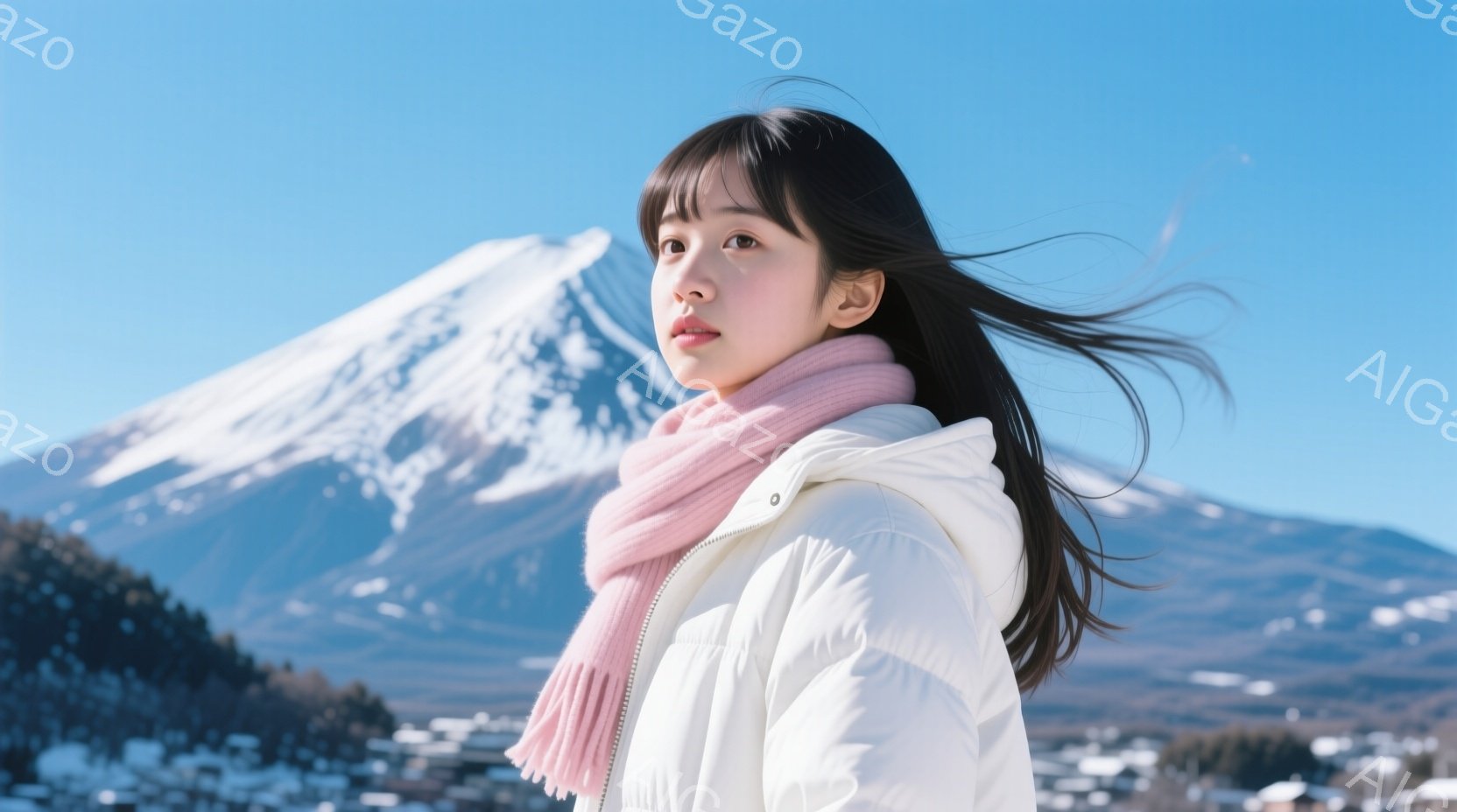 白いダウンジャケットとピンクのマフラーを巻いた若い女性を捉えています。彼女は長い黒髪を風になびかせ、富士山を背景に横顔でこちらを見つめており、どこか憂いを帯びた表情をしています。背景には雪をかぶった富士山と、その麓の建物や自然が広がり、冬の澄んだ空気と静寂を感じさせる美しい風景です。