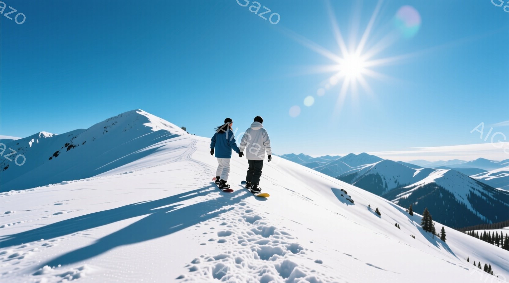 雪山を男女が手をつないで歩いている様子が描かれている。女性はロングヘアで青いジャケット、男性は黒い帽子を被り白いジャケットを着ている。背景には雪を頂いた山々が連なり、晴天で光が強く差し込んでいるため、 - AI生成フリー素材